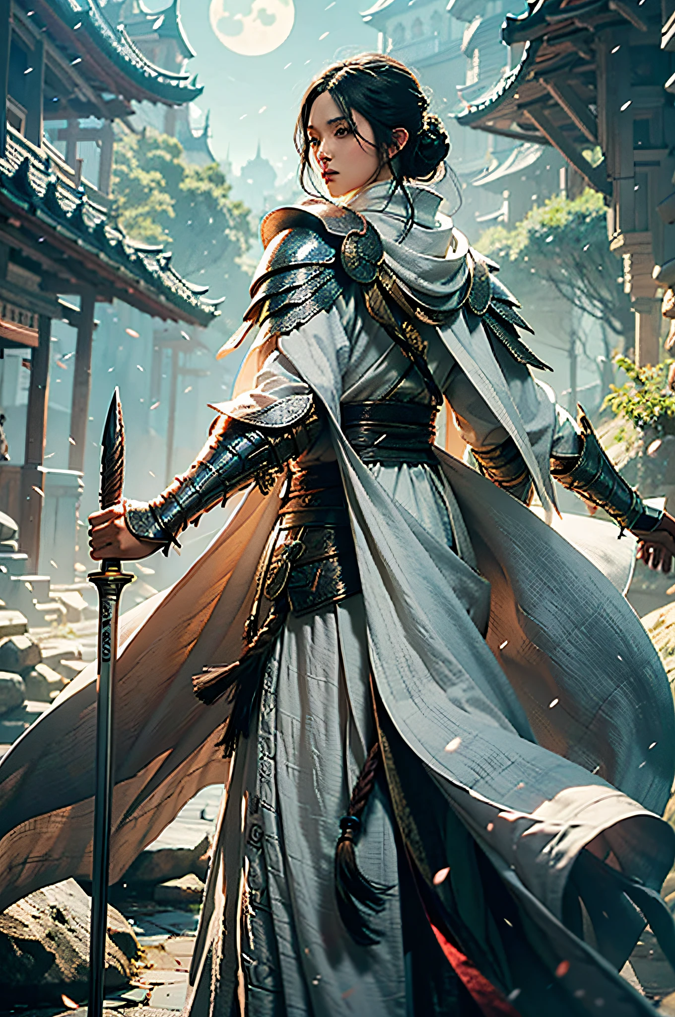 1man dress like move The Flying Swords of Dragon Gate, masterpiece, best quality, photorealistic, fanyangli, forest,armor, linen_clothes,cape, furry_coat, look_back, moonlight, black_hair