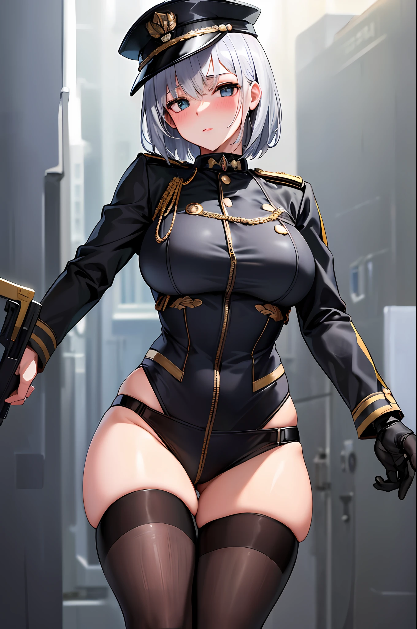 (Maximum resolution, distinct_image) High Quality, Woman, Masterpiece, Perfect Beauty, High Detail, Frontal, Vertical, Semi-Realistic, Silver Mesh, Short Hair, Silver Mesh Hair, Bangs, 21 Years old, Mature, Young, Military Uniform, Polite Clothing, Black Uniform, Black Hat, First Courtesy, Looking at the Viewer with Cold Eyes, Low Angle Accompanying Mechanized Soldier Holding Weapon Behind, Blush, Third Size Chest, Large pelvis and hips, sexy stance