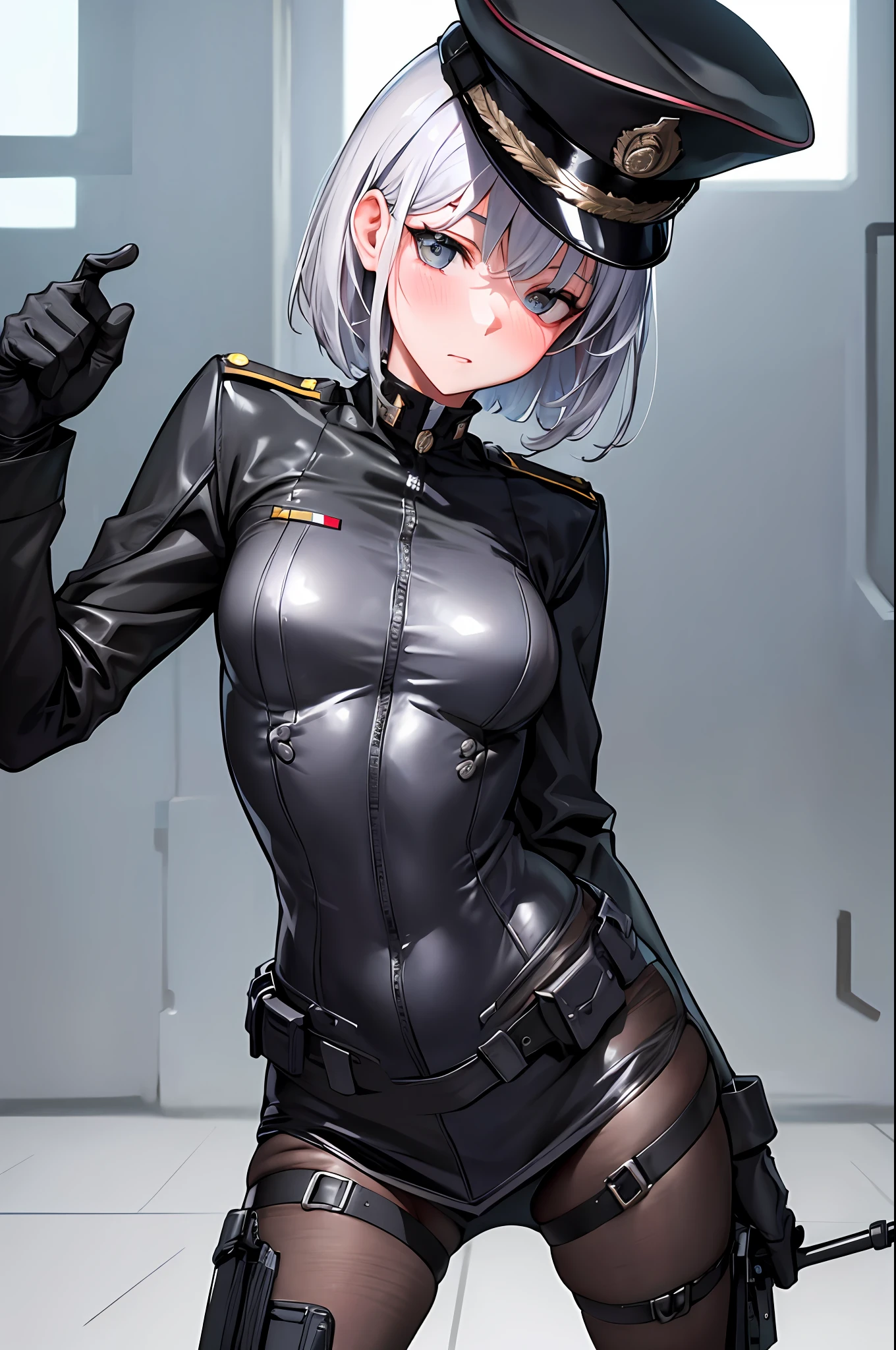 (Maximum resolution, distinct_image) High Quality, Woman, Masterpiece, Perfect Beauty, High Detail, Frontal, Vertical, Semi-Realistic, Silver Mesh, Short Hair, Silver Mesh Hair, Bangs, 21 Years old, Mature, Young, Military Uniform, Polite Clothing, Black Uniform, Black Hat, First Courtesy, Looking at the Viewer with Cold Eyes, Low Angle Accompanying Mechanized Soldier Holding Weapon Behind, Blush, Third Size Chest, Large pelvis and hips, sexy stance
