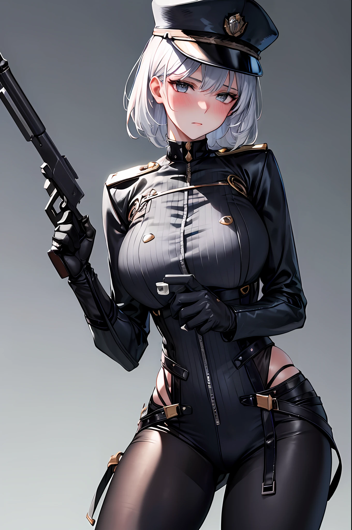 (Maximum resolution, distinct_image) High Quality, Woman, Masterpiece, Perfect Beauty, High Detail, Frontal, Vertical, Semi-Realistic, Silver Mesh, Short Hair, Silver Mesh Hair, Bangs, 21 Years old, Mature, Young, Military Uniform, Polite Clothing, Black Uniform, Black Hat, First Courtesy, Looking at the Viewer with Cold Eyes, Low Angle Accompanying Mechanized Soldier Holding Weapon Behind, Blush, Third Size Chest, Large pelvis and hips, sexy stance