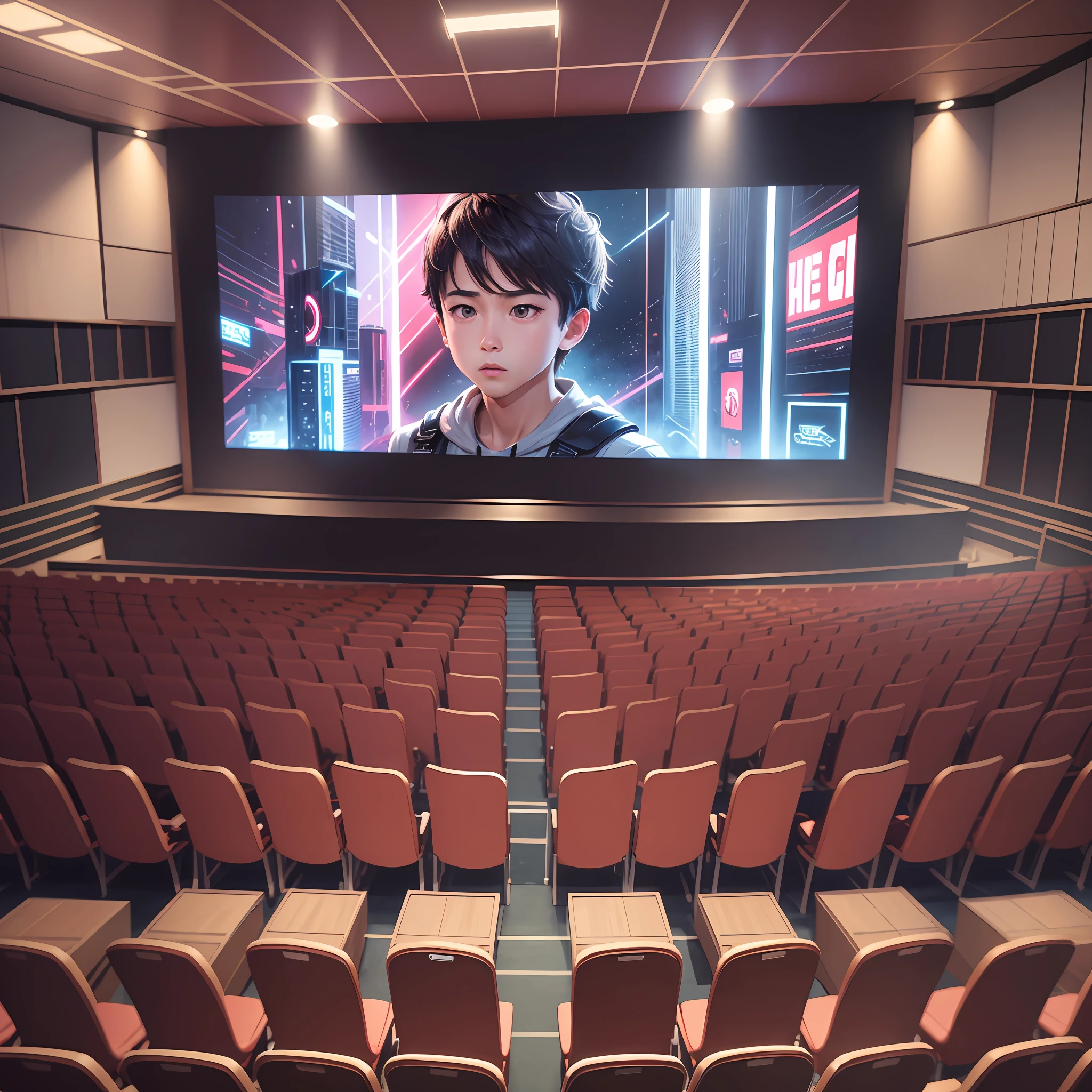 3boy movie illustration vector hanging big screen on stage --auto --s2