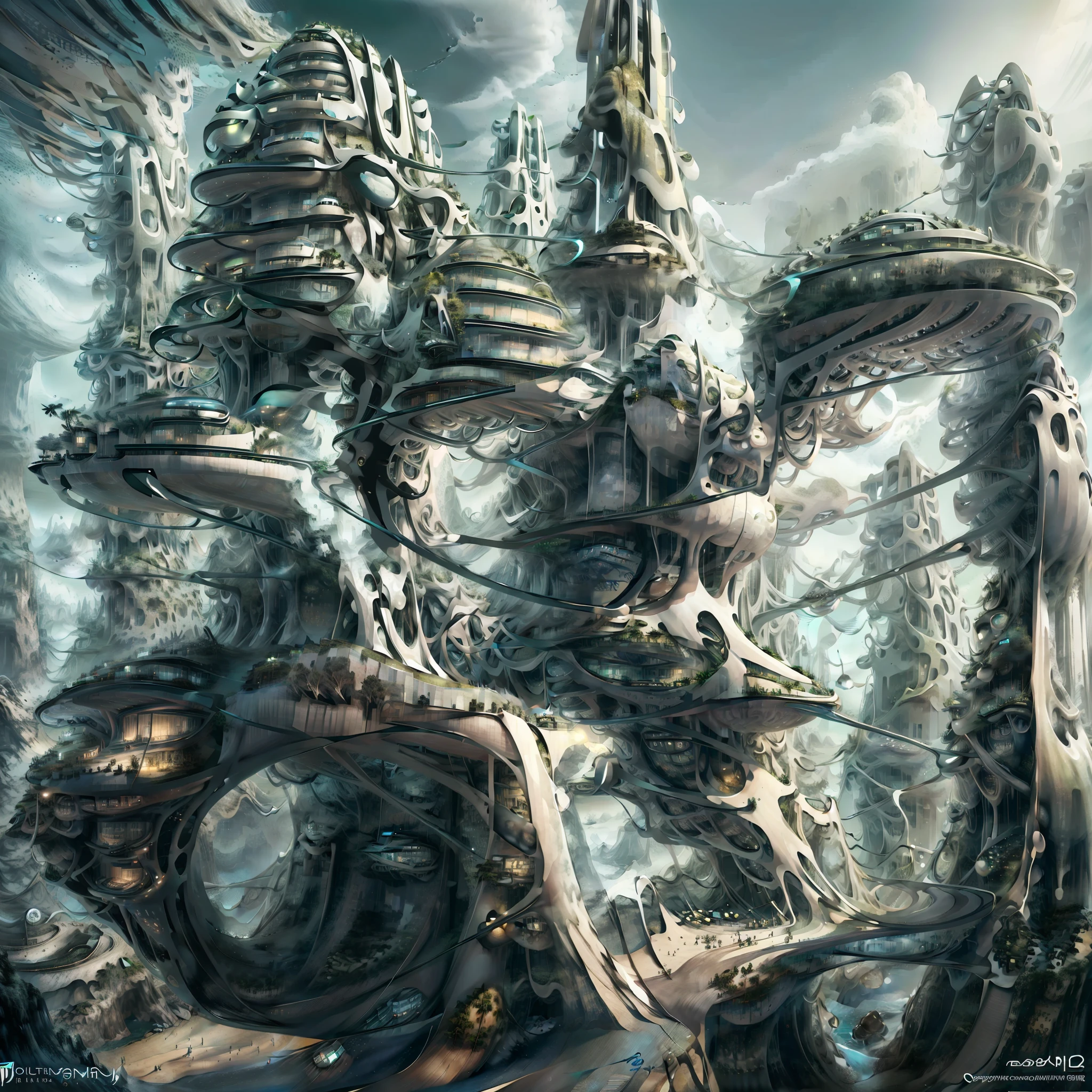 Airbrush drawing --v 5.1 style Futuristic design of an awesome sunny day environment concept art on a futuristic terrain with huge waterfalls,streams, mangroves,nature architecture, proportional,detailed,bright clouds, nature meets futuristic architecture by Santiago Calatrava and Vincent Callebaut with futuristic development, high rise made up staircases, balconies, full of composite glass facades, residential spaces carved from cliff side ,trending on artstation, beautiful lighting,In the style , fantasy, intricate, award winning, 4k, highest quality