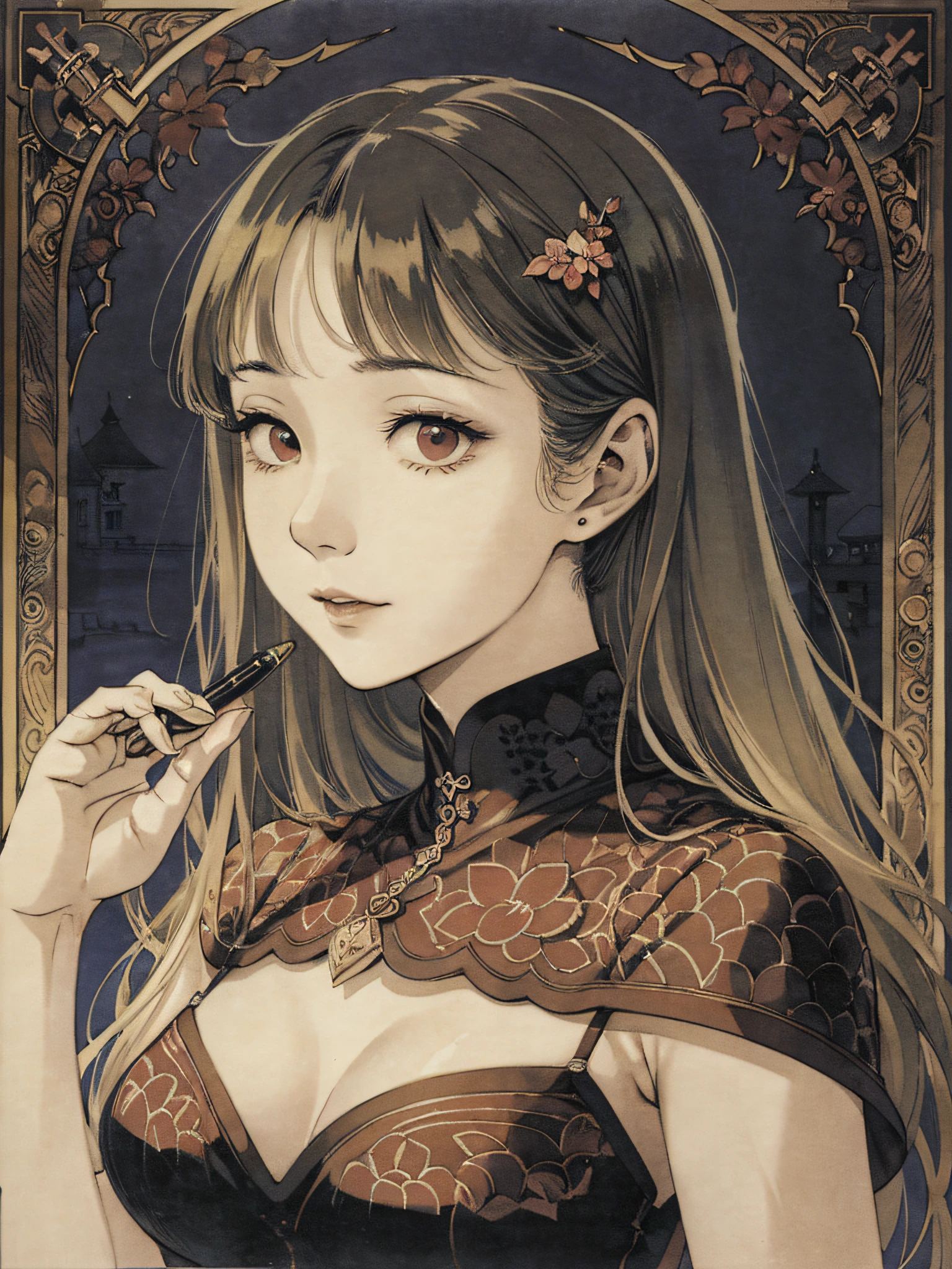 (by Miwa Komatsu: 1.4), (by Yuko Higuchi: 1.3), (by Miho Hirano), (masterpiece, best quality, official art, beauty and aesthetics: 1.2), (super detail), finely detail, best illustration, hand-drawn high quality, (high contrast), (Clean Lines: 1.3), (Lines), Line Drawings, (Complex Lines), Ligné Claire, Pen and Color Ink Drawings, Simple Color Scheme, Dynamic Angles, (Portrait, Chest Above, Extremely Close: 1.2), Vampire Maiden, Solo, Red Eyes, Slightly Open Lips, Flat Chest, Gloomy and Scary Atmosphere, (Surround Composition), (On a Mysterious Night), Blood, (Light and Elegant Color Scheme), (Exquisite Details), (Detail Background: 1.2), Delicate Patterns, high resolution, art deco, decorative, luxurious, elegant, designed by Pegacon Lee, designed by Yoshitaka amano