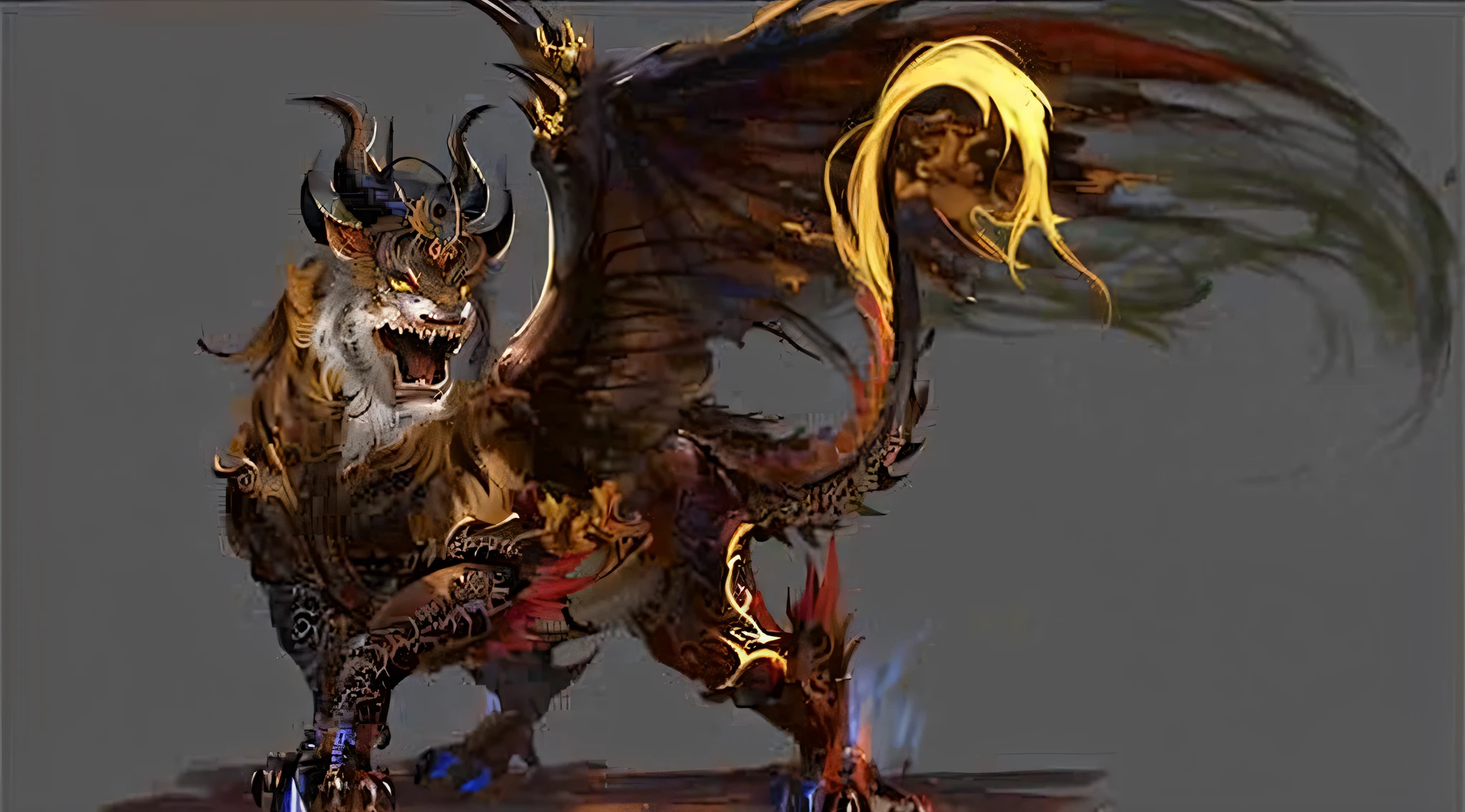 a close up of a drawing of a demon with horns, chinese dragon concept art, fantasy creature concept art, by Yang J, by Shen Zhou, mythical creature, fantasy creature, creature design, hyper realistic fantasy monster, a mythical creature, one a demon - like creature, one a demon-like creature, full body dragon concept, feng zhu concept art, chimera