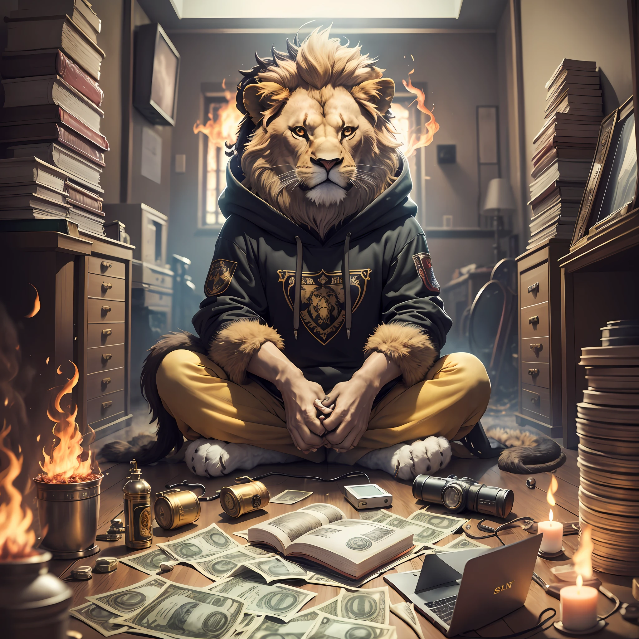 Regal lion, holding stacks of money on fire, sitting, in a hoodie, room burn down, ground and chair on fire, lots of gadgets and equipment on fire, smoke, flames all around, depth of field, depth of field, Sony FE, 35mm, Ultra-Wide Angle, wide shot, super detail, 8k