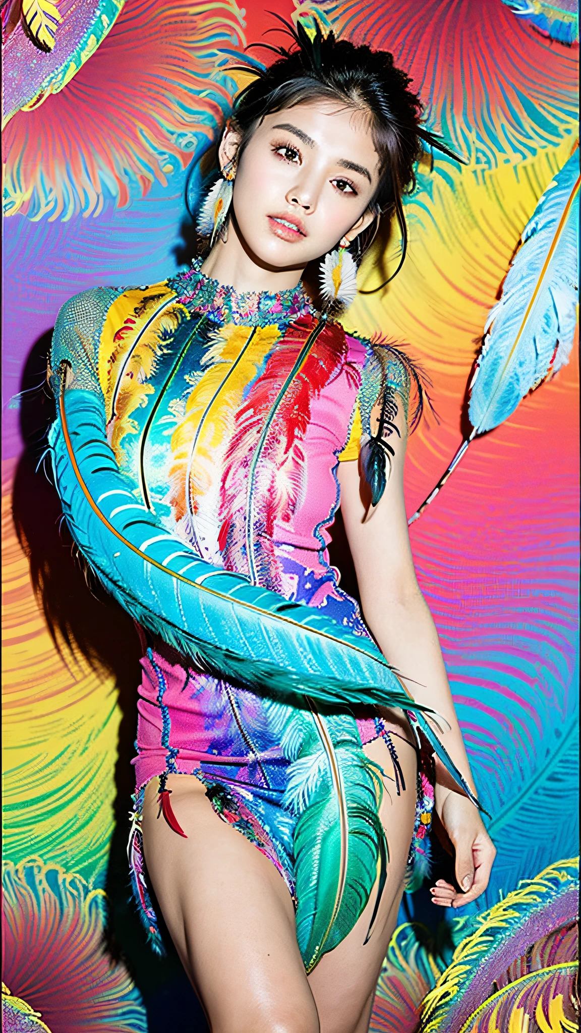 (masterpiece, top quality, best quality, official art, beautiful and aesthetic:1.2), (1girl:1.3), extremely detailed,(fractal art:1.1),(colorful:1.1)(flowers:1.3),highest detailed,(zentangle:1.2), full body, (abstract background:1.3), (shiny skin), (many colors:1.4), ,(earrings), (feathers:1.5),
