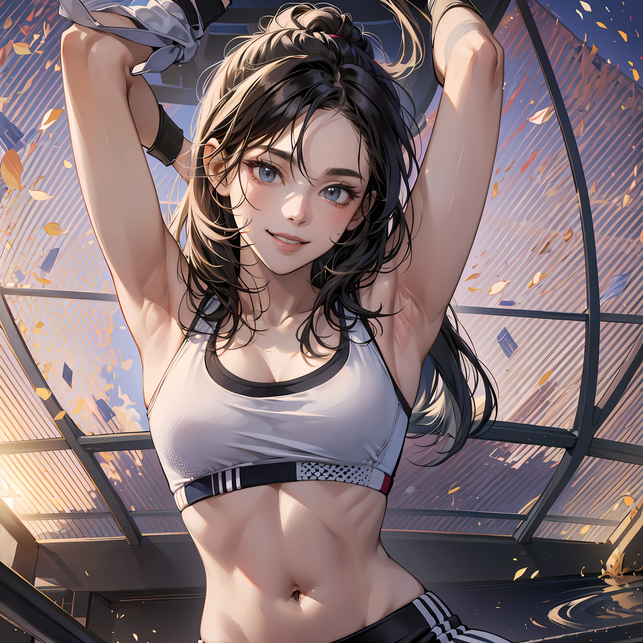 master-piece,hyper quality,hyper detailed,perfect drawing,1 beauty, smile, normal light, bust up, portrait, sporty, active, sportswear, sports bra, legging pants (0.7), playground, toned body, arms raised up and spread wide, underarm hair, bristles, Hairy, armpit