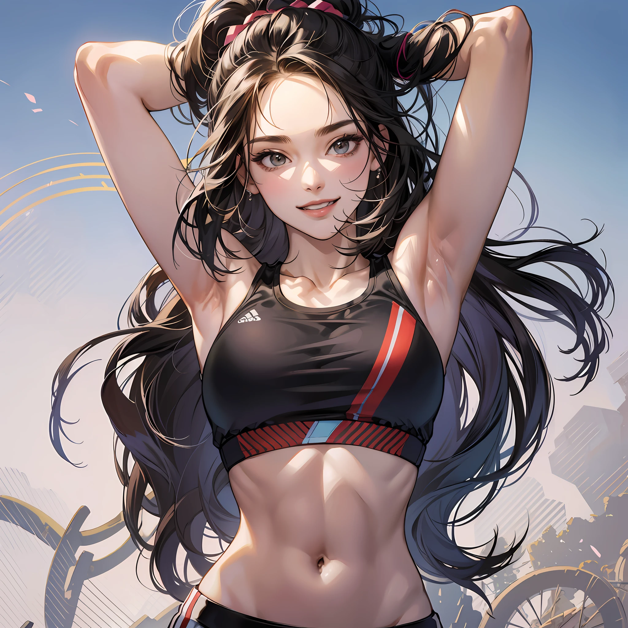 master-piece,hyper quality,hyper detailed,perfect drawing,1 beauty, smile, normal light, bust up, portrait, sporty, active, sportswear, sports bra, legging pants (0.7), playground, toned body, arms raised up and spread wide, underarm hair, bristles, Hairy, armpit