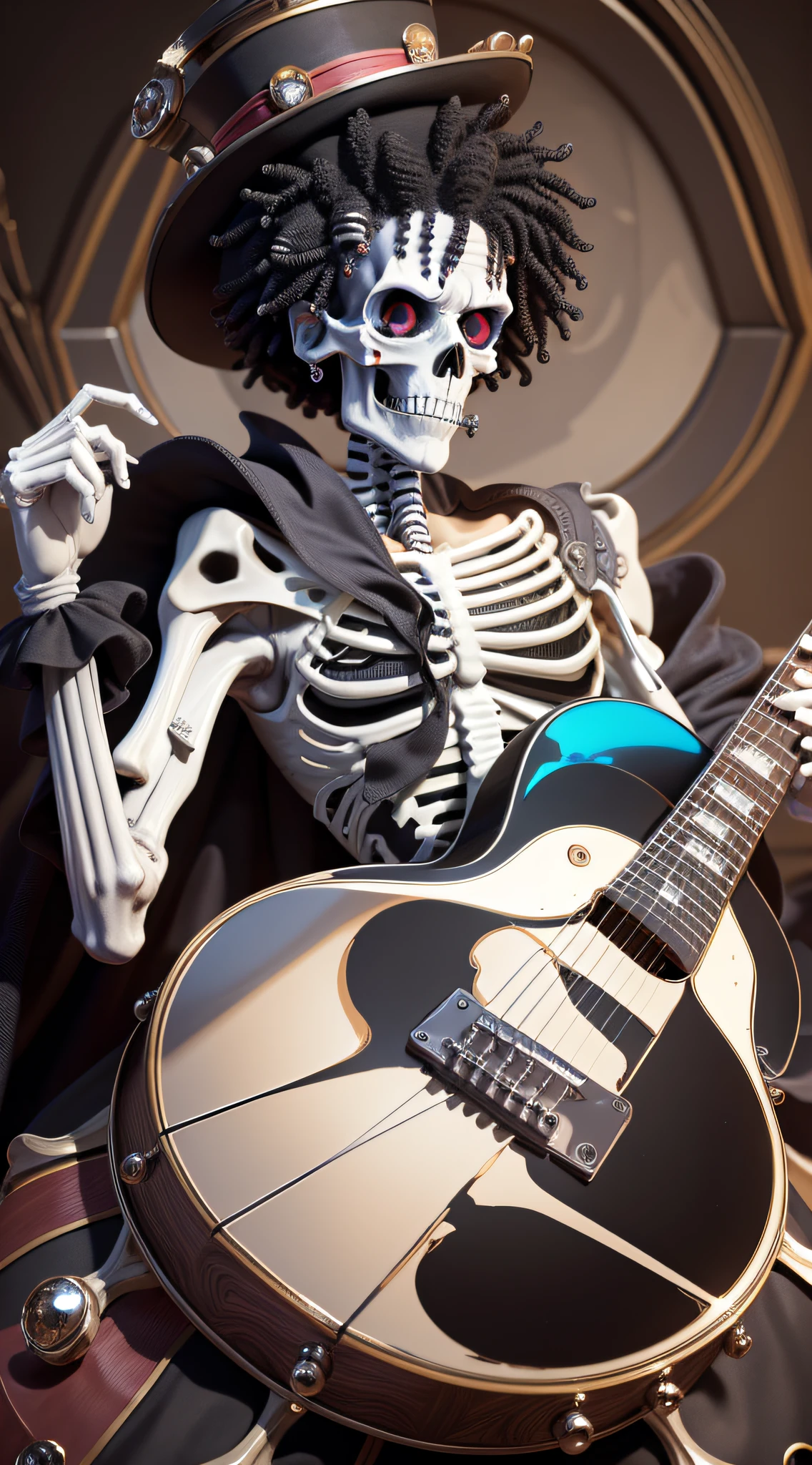 masterpiece, best quality,8k,highestres, absurdres, extremely detailed, brook, one piece anime, afro hair, black hair, solo, looking at viewer, an extremely tall skeleton dressed in formal attire complete with top hat and guitar, ((skeleton hands and body)),///,
