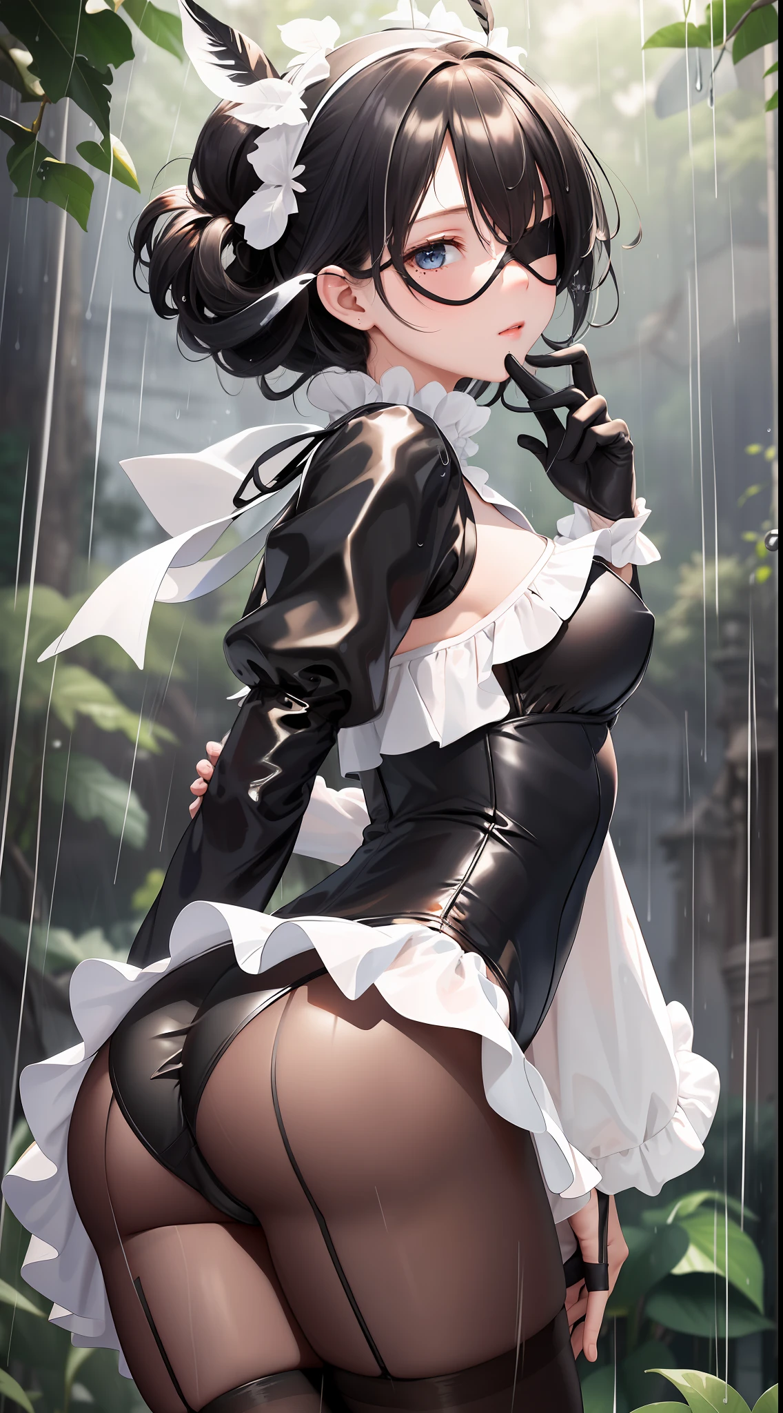 masterpiece, best quality, highres, hm2b, black blindfold, covered eyes, mole under mouth, clothing cutout, long sleeves, puffy sleeves,  juliet sleeves, feather trim, black thighhighs, black gloves, (white leotard:1.2), outdoor, ruins, ass, from behind, (rain:1.2), wet, tree,