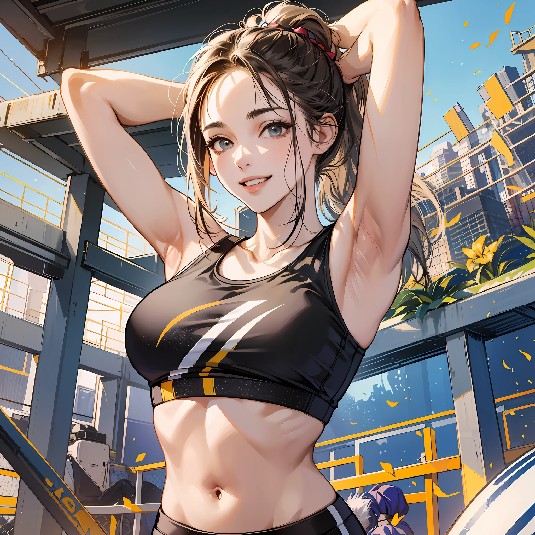 master-piece,hyper quality,hyper detailed,perfect drawing,1 beauty, smile, normal light, bust up, portrait, sporty, active, sportswear, sports bra, legging pants (0.7), playground, toned body, arms raised up and spread wide, underarm hair, bristles, Hairy, armpit