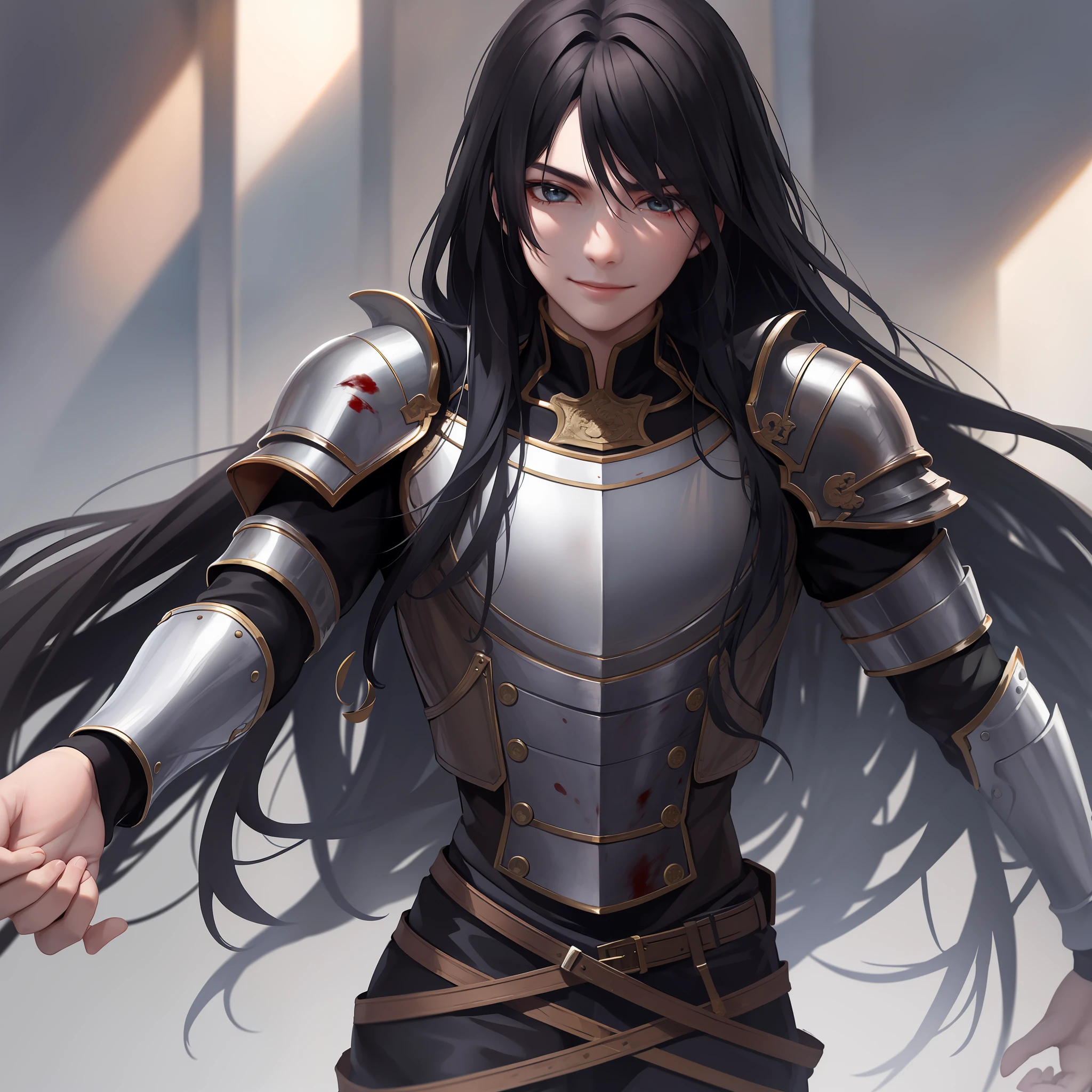 A young man with resolute eyes, a beautiful face, a bust, long black hair, blood armor, Tang-style armor, reflection, a gentle smile