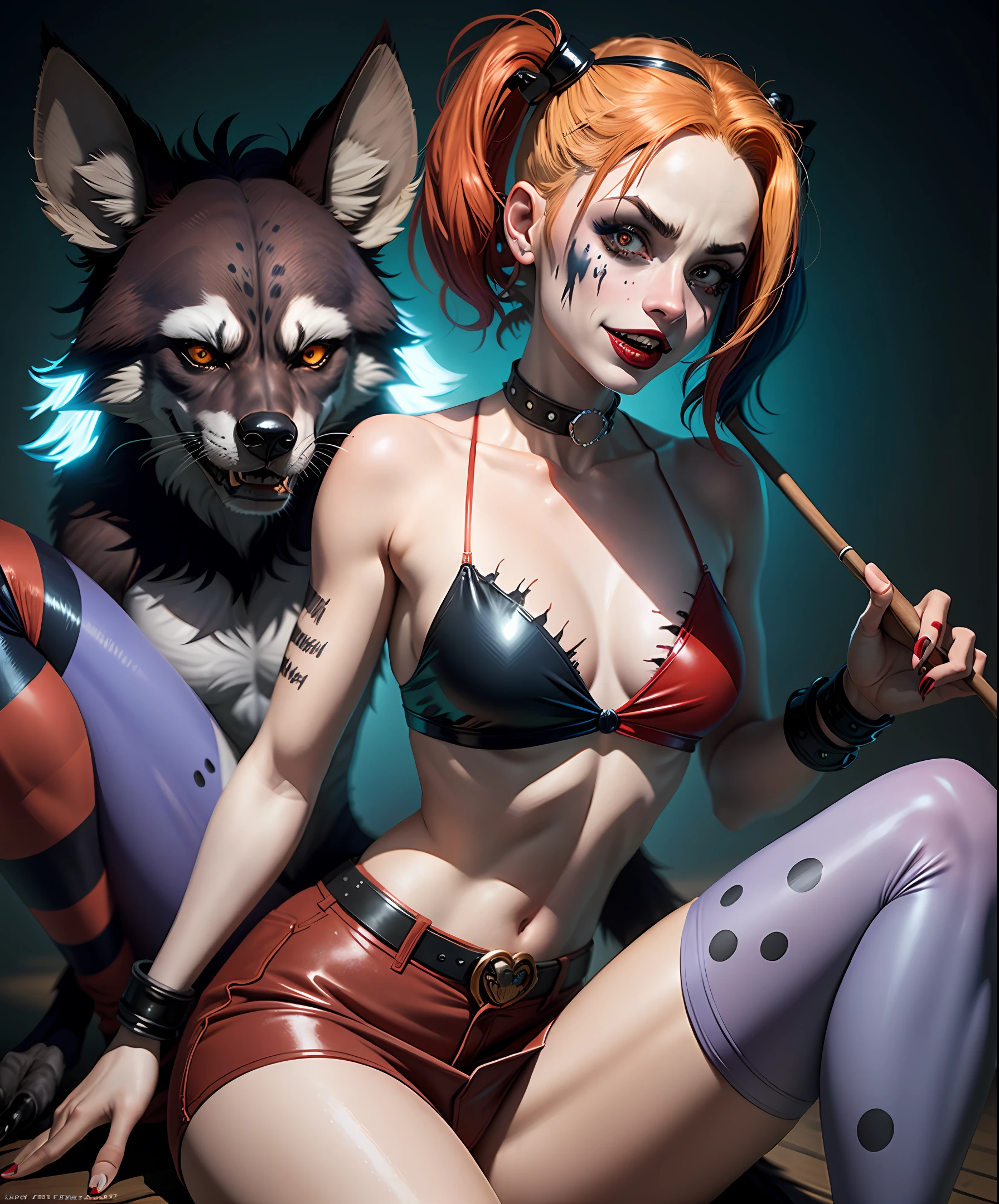 Harley Quinn mid-transformation into a werehyena