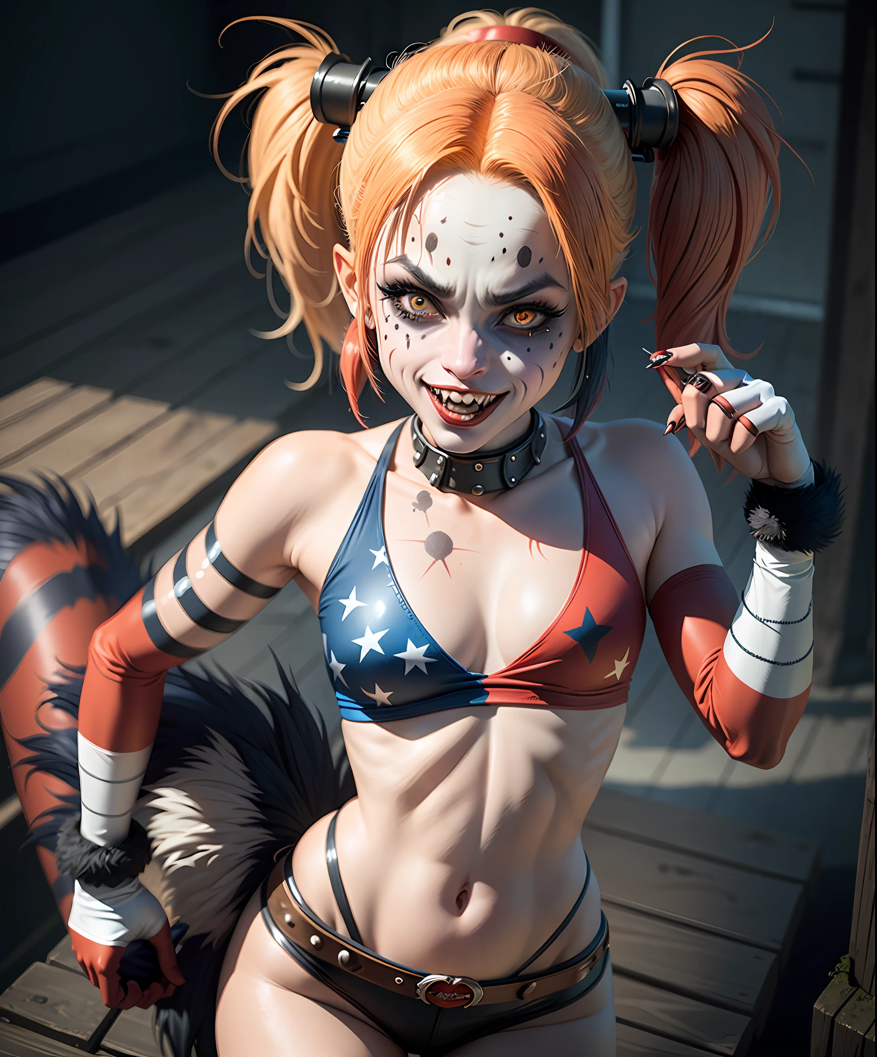 Harley Quinn mid-transformation into a werehyena