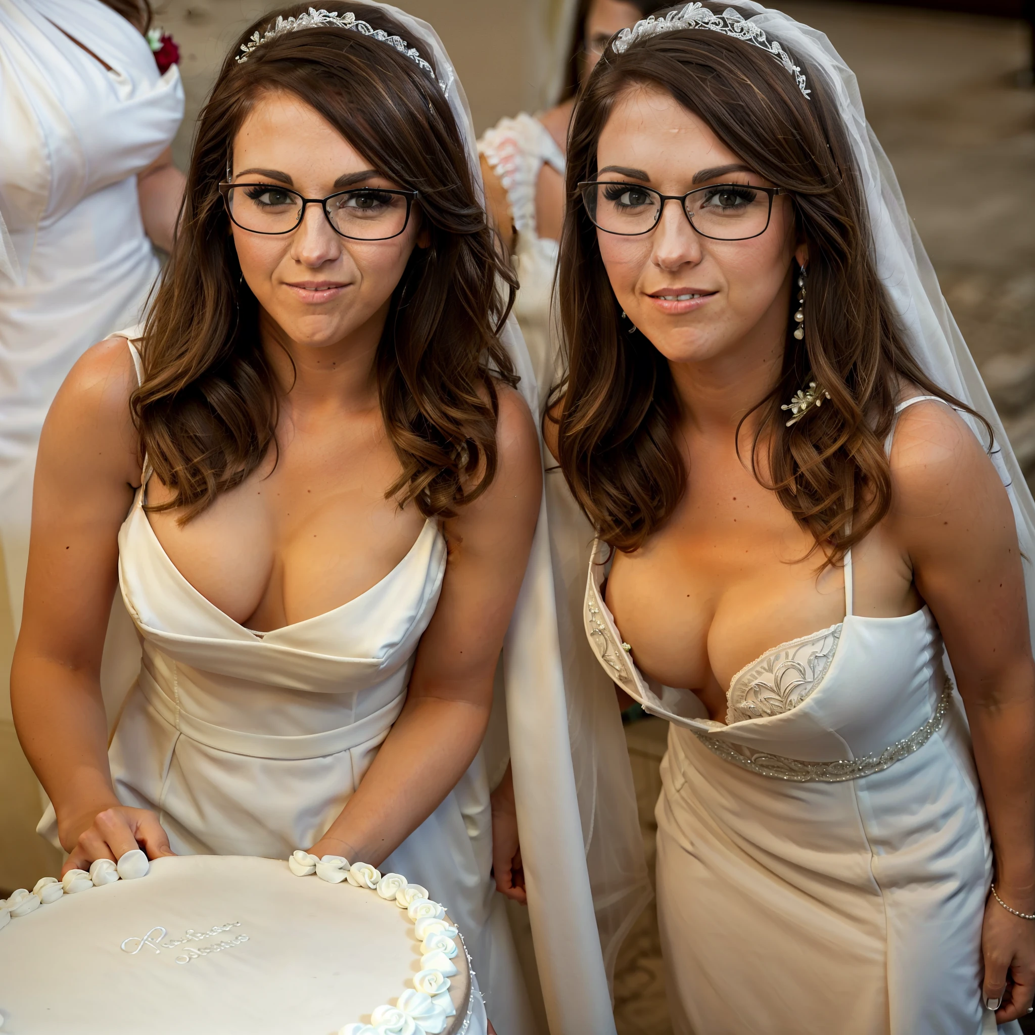 Glasses, Lauren Boebert, ((downblouse)), (nipslip), beautiful bride in a white wedding dress, cutting a wedding cake, (close up of face)