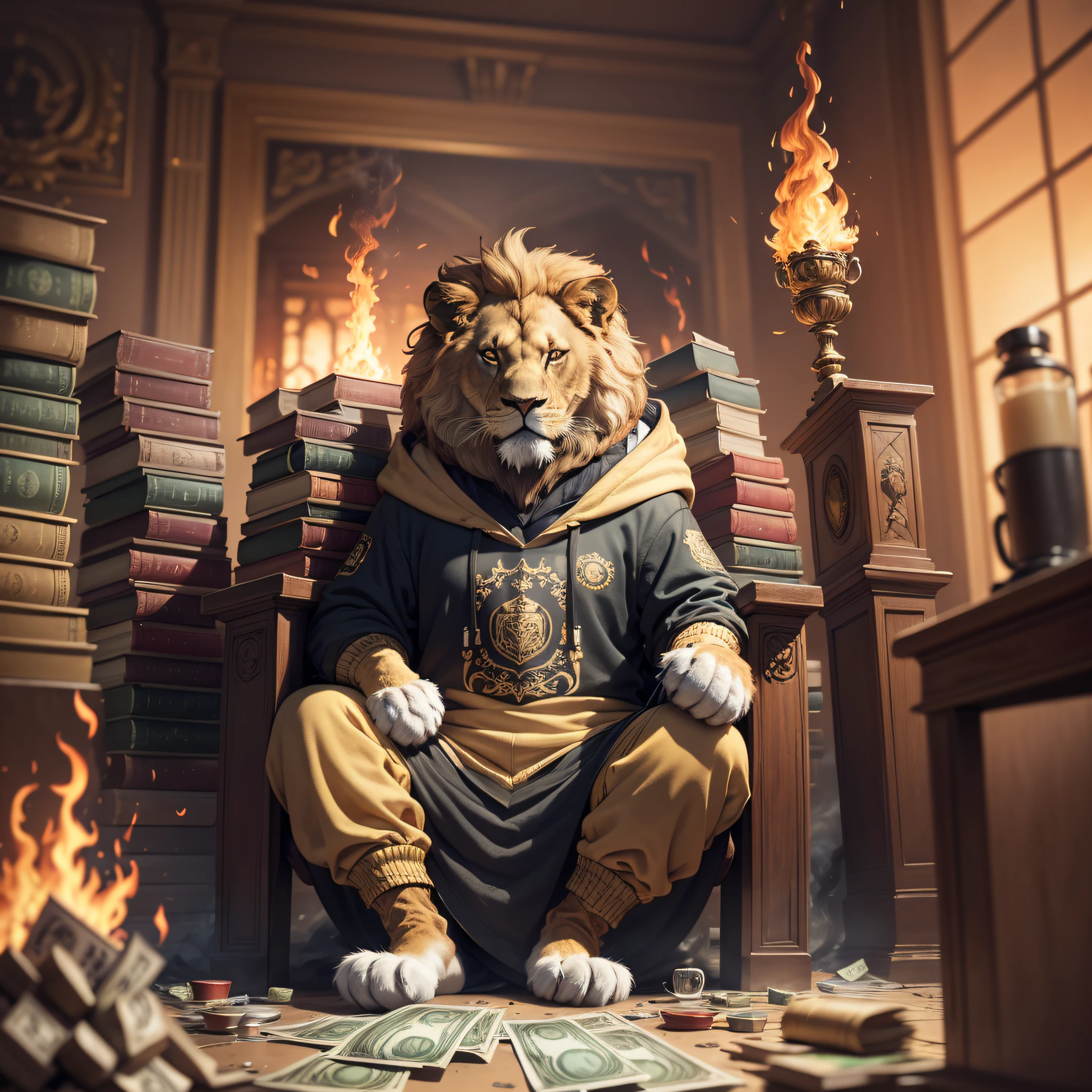 Regal lion, holding stacks of money on fire, sitting, in a hoodie, room burn down, ground and chair on fire, lots of gadgets and equipment on fire, smoke, flames all around, depth of field, depth of field, Sony FE, 35mm, Ultra-Wide Angle, wide shot, super detail, 8k