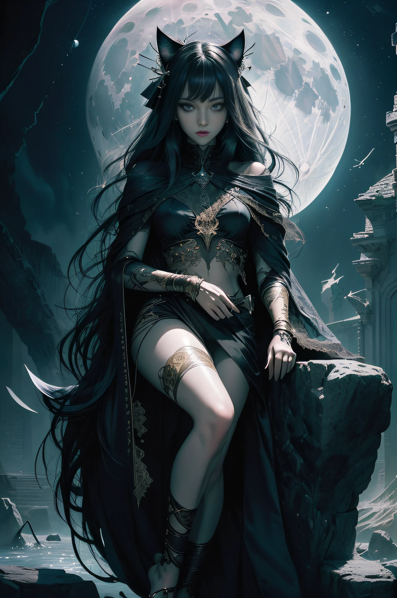 [Detailed illustrations, art based on extremely ideal anatomy, very detailed and detailed drawings, slow and delicate lines, realistic texture expression],((Color tressed main lines)),(Artwork with outstanding craftsmanship),(Midnight ruins (Background of a stone castle leaking in moonlight)) Full Moon,Vampire Girl Japanese Beauty ((Beautiful but sick face, sunken eyes)) Skinny 13 years old (delicate and bony figure) Bare feet (((straight cropped bangs)) Fine beautiful straight long hair (black cat),(Beautiful skin shining on the moon (pale skin)),Cloak of darkness (ribbon lace embroidery),(ephemeral melancholy)) (Moonlight))) Gravure (Sedentary) ((Tindall effect)),((Dark fantasy)),((Fine and beautiful skin expression ( Transparency))),((Clear gaze)),((Perfect eye details (Beautifully drawn pupils))),(Beautiful perfect face (Realistic face details)),((Beautiful hair details)),(Proportioned and perfect proportions)),(High-level built design,((Advanced structural understanding of materials)),Ideal color coordination),((Artistic decoration)) ((High-density detail)),((Detail,High definition)),[(Ultra-precision detail),((Multilayer texture)),HighQuality,High Resolution],((Accurate simulation of light-material interaction, understanding of air flow,Mechanically correct representation)),(((Visual art with narrative)).