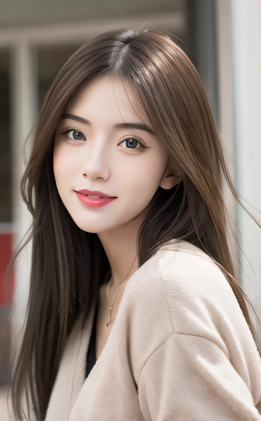 best quality, ultra high res, (photorealistic:1.4), (detailed beautiful girl:1.4), (medium breasts:0.8), looking_at_viewer, Detailed facial details, beautiful detailed eyes,pink hair, blue eyes, slender, haunting smile, (makeup:0.3), red lips, highly detailed clothes, (ulzzang-6500-v1.1:0.3)