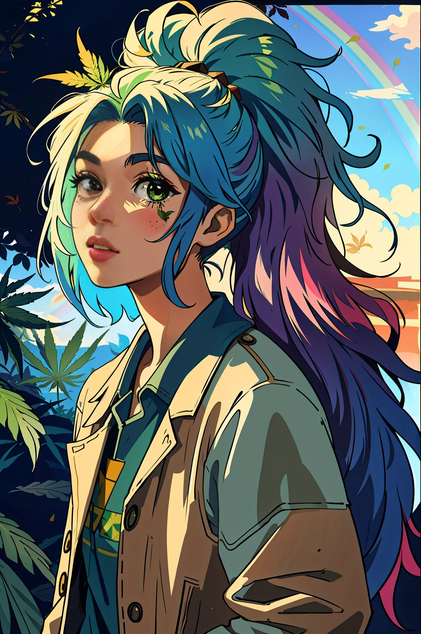 masterpiece, best quality, hemp, ?????????, leaves, weed, ????????, girl with rainbow hair, really wild hair, mane