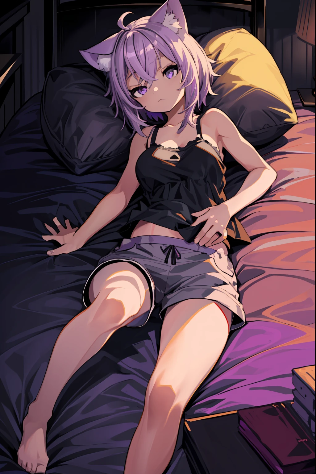 (best quality:1.2),absurdres,solo, 1girl, highly detailed eyes, highly detailed background, perfect lighting, full body, nekomata okayu, on bed, lying, from above, :\3, pillow, medium hair,big breasts, cat tail,(Black camisole,grey simple short pants:1.2),thigh,simple short pants