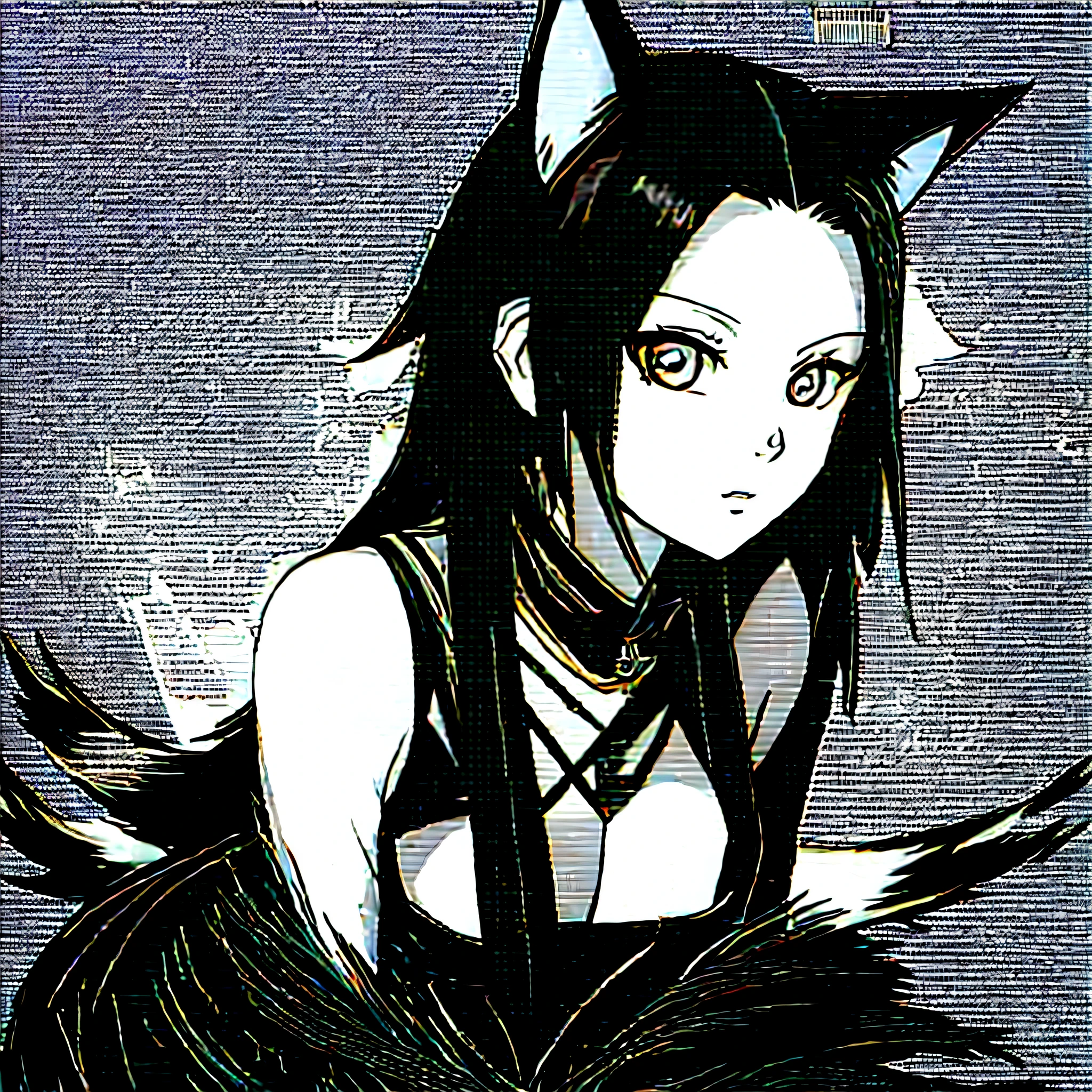 An anime character with wolf ears, black hair, and PS2-style game cover; Provocative pose, with suggestive expression and a dark and stylish background. [NSFW: 1.3, Anime: 1.2, Wolf Ears: 1.3, Black Hair: 1.2, PS2 Video Game Cover: 1.2]
