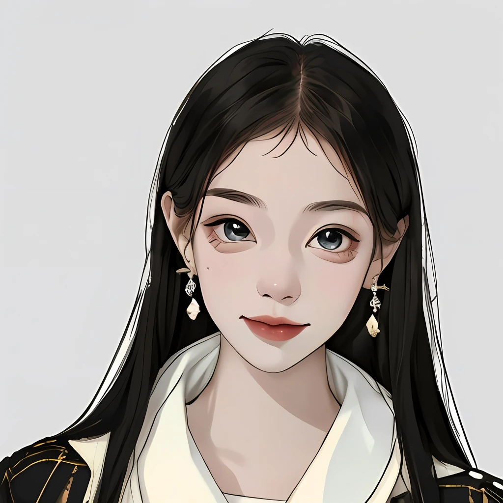 A cute girl with random hair, messy, earrings, street style, solid color background, cold expression, simple background, minimalist, evil smile, facing the camera, looking at the audience