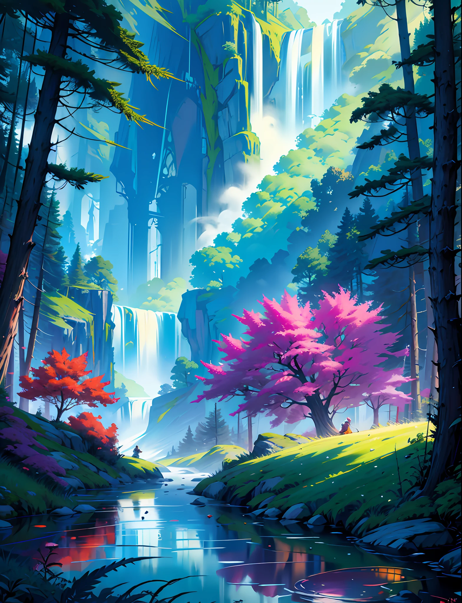 Car in the forest, lake, mountains, neon lights, night,,, in love Hemp, leaf, marijuana, cannabis, ((illustration)), colorful, wallpaper, energy, secret, magical environment, magical environment, magic wand, pages flying in the sky, omniscience, prediction of the future, understanding the past, frost magic, spells, red hair, long hair, --v 6