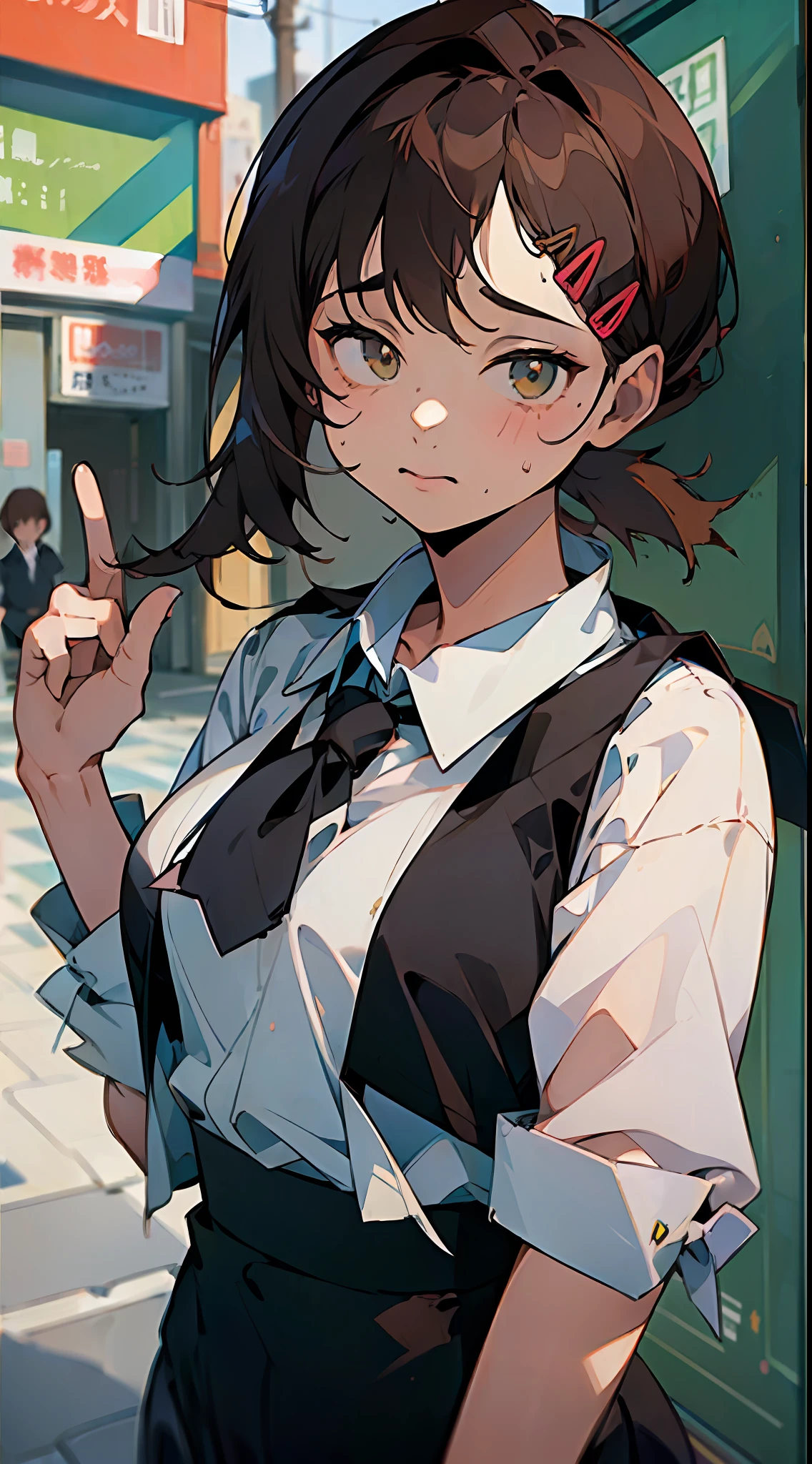 (((Masterpiece, Excellent)), (1girl), ((Cute Girl)), brown hair, cute expression, ((Office lady)), bangs, mid-chest, (Busty), slim, school clothing, street stalls, daily wind