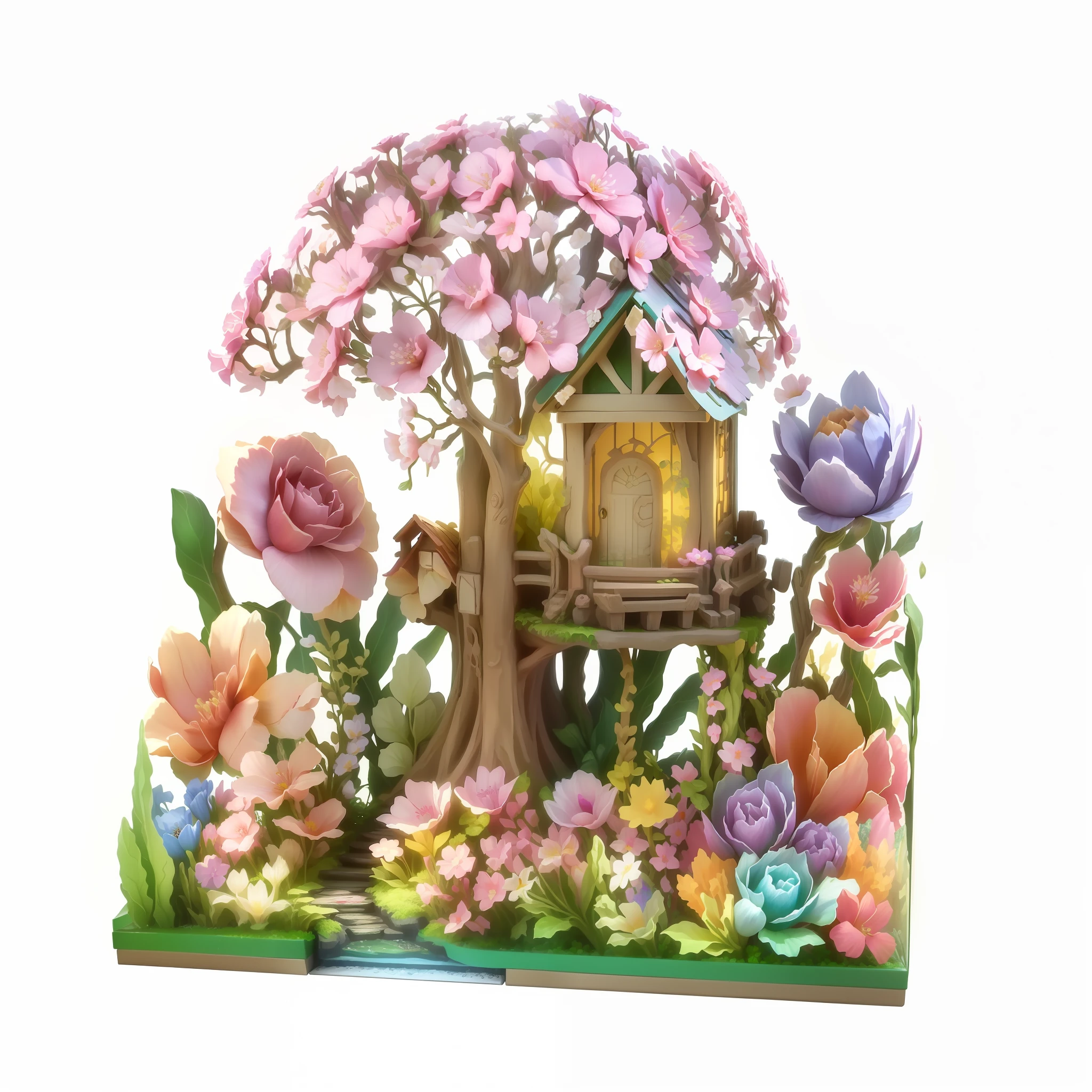 there is a small house with a tree and flowers on it, floral jungle treehouse, floral environment, graphic of enchanted terrarium, photograph of enchanted garden, highly detailed scene, cherry blossom forest, cottagecore flower garden, fairy garden, stylized as a 3d render, flowery cottage, pop japonisme 3 d ultra detailed, flower garden, detailed scene