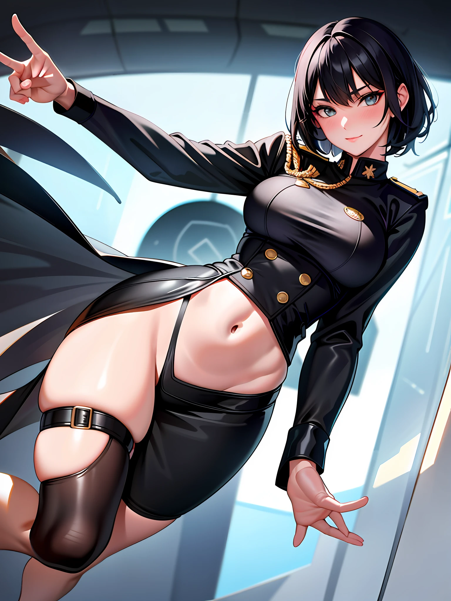 (highest resolution, distinct_image), best quality, masterpiece, highly detailed, semi-realistic, woman with short black hair, mature woman, triple bangs, black uniform, black specific skirt, knee socks, military uniform, beautiful woman, spaceship space, office, commander, standing at full height, size 3 breasts, large pelvis and hips, sexualized officer's stance, sexy welcome look at the camera, ((young female)), the side of the skirt exposes her hips and waist, the best ratio of four fingers to one thumb, blush, beautiful eyes, sexualized shape,