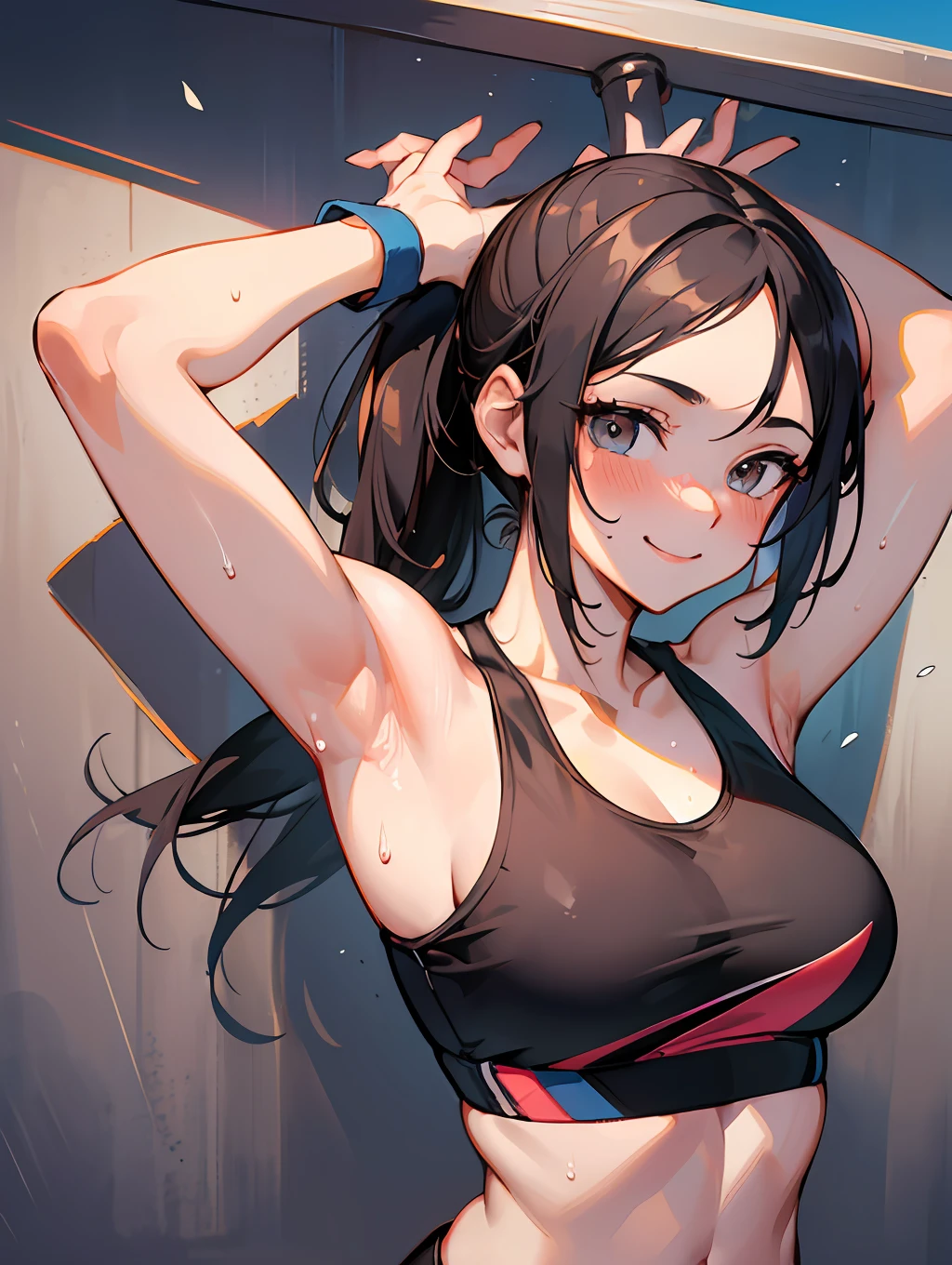 master-piece,hyper quality,hyper detailed,perfect drawing,1 beauty, smile, good light, blush, armpit sweat, bust up, portrait, sporty, active, sportswear, sports bra, leggings pants (0.7), playground, toned body, arms raised up and spread wide, underarm hairbristle, hairy, axillary,