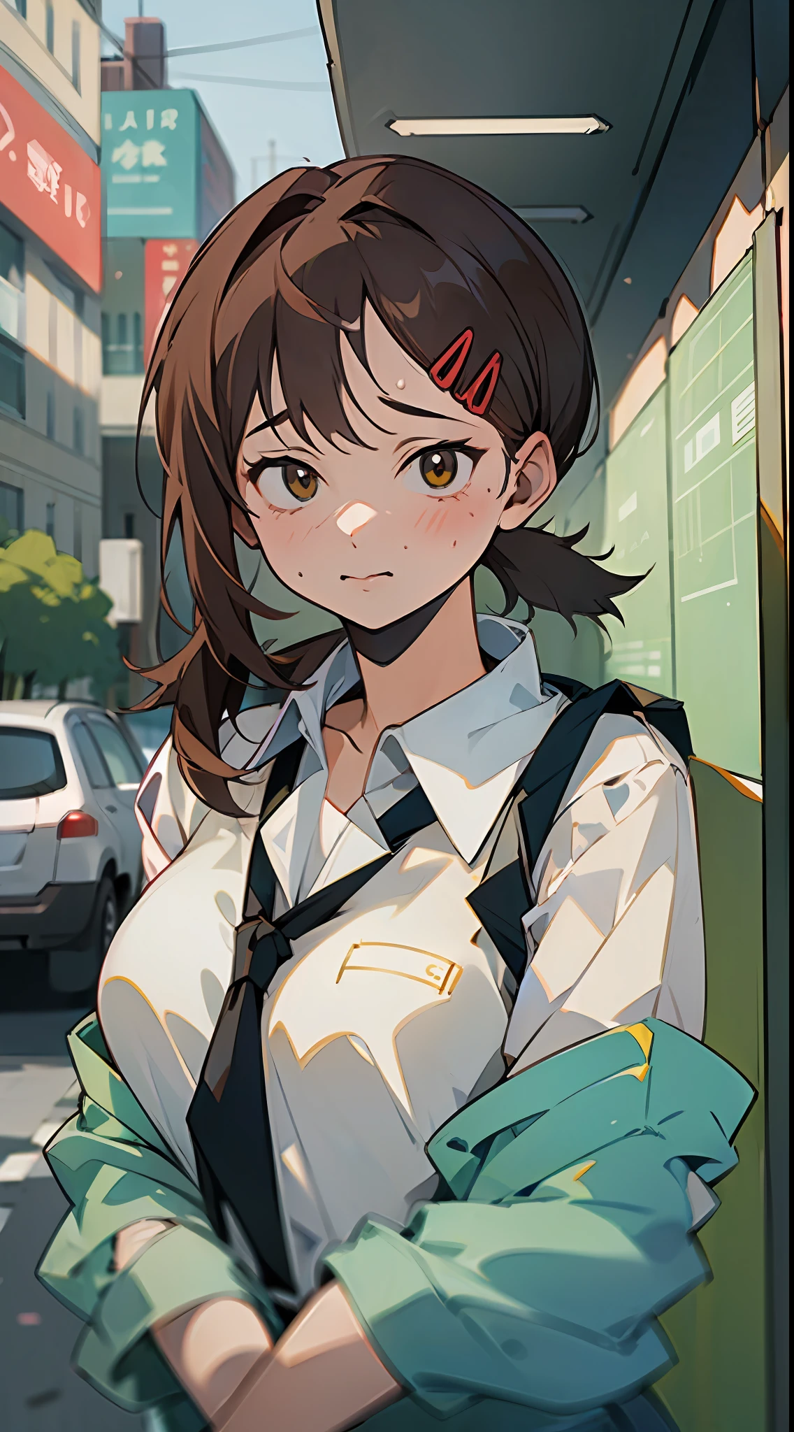 ((Masterpiece, Excellent)), (1girl), ((Cute Girl)), brown hair, shy, ((office lady)), bangs, mid-chest, (busty), slim, school attire, street culture Bend over