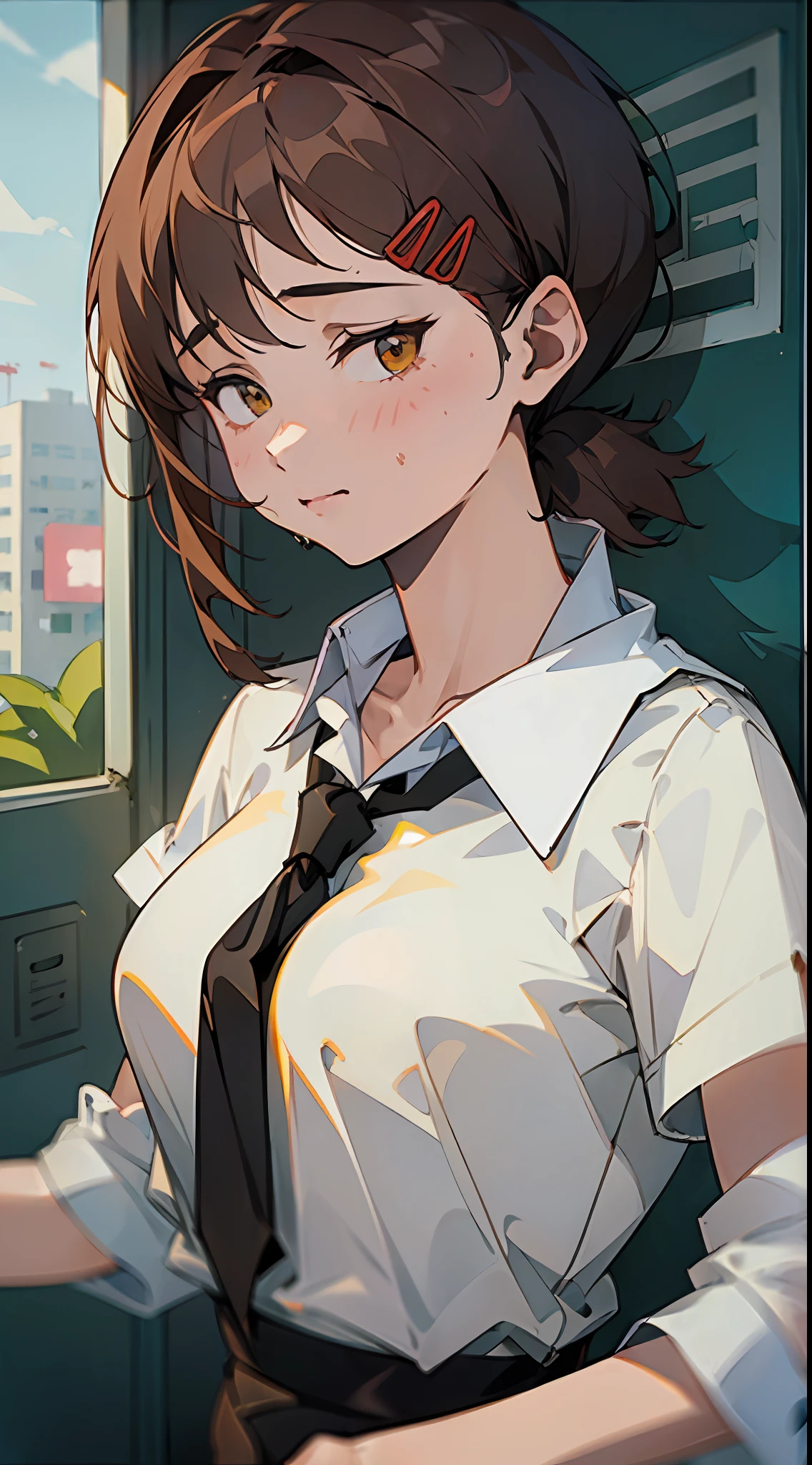 ((Masterpiece, Excellent)), (1girl), ((Cute Girl)), brown hair, shy, ((office lady)), bangs, mid-chest, (busty), slim, school attire, street culture Bend over