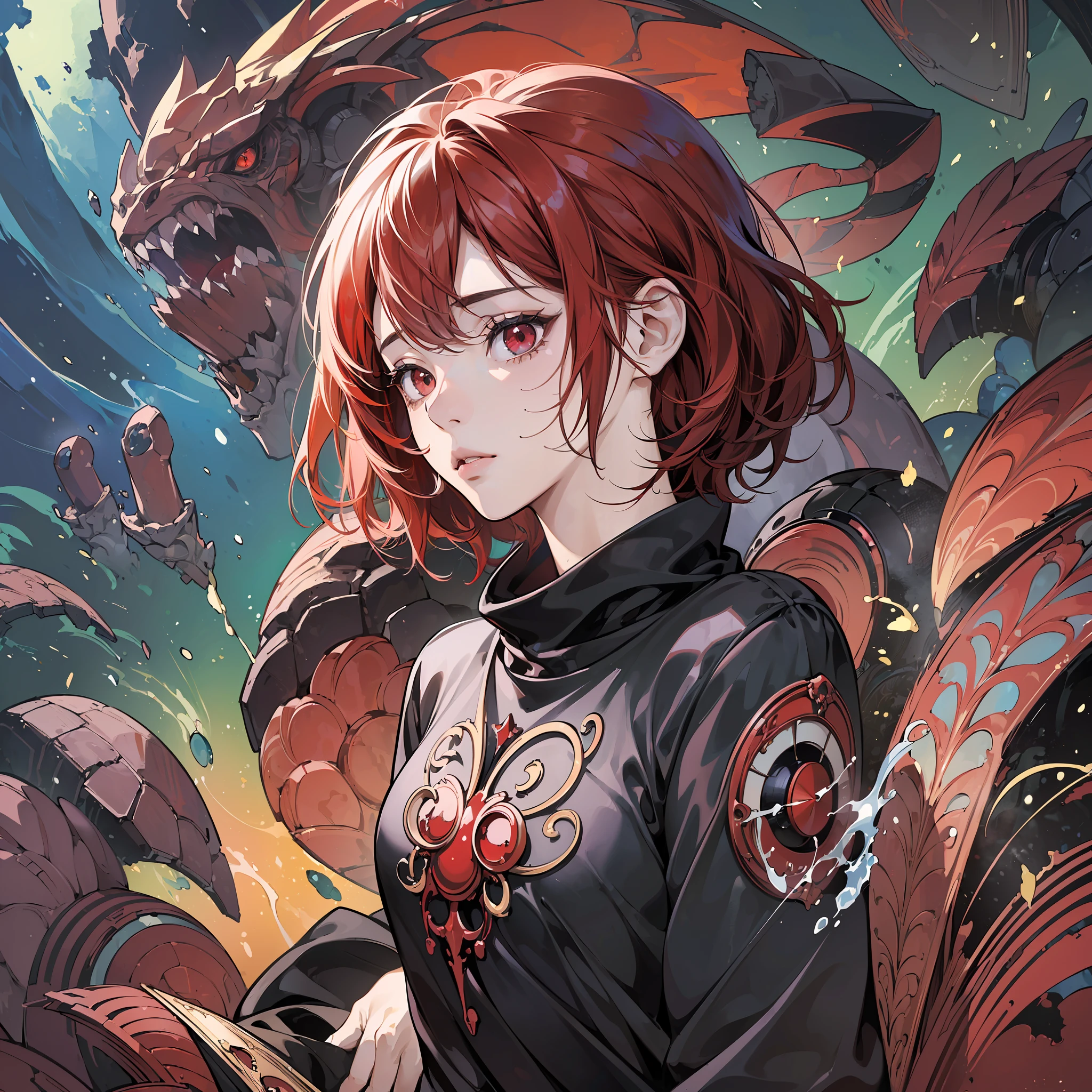 ((masterpiece, top quality, super detailed)),(fluid stroke:1.4), unrealistic, anime style, absurd details, 1girl, girl with scabies (deep red eyes), short red hair,black sweatshirt, seria, (((araquinid background))), hdr --auto --s2
