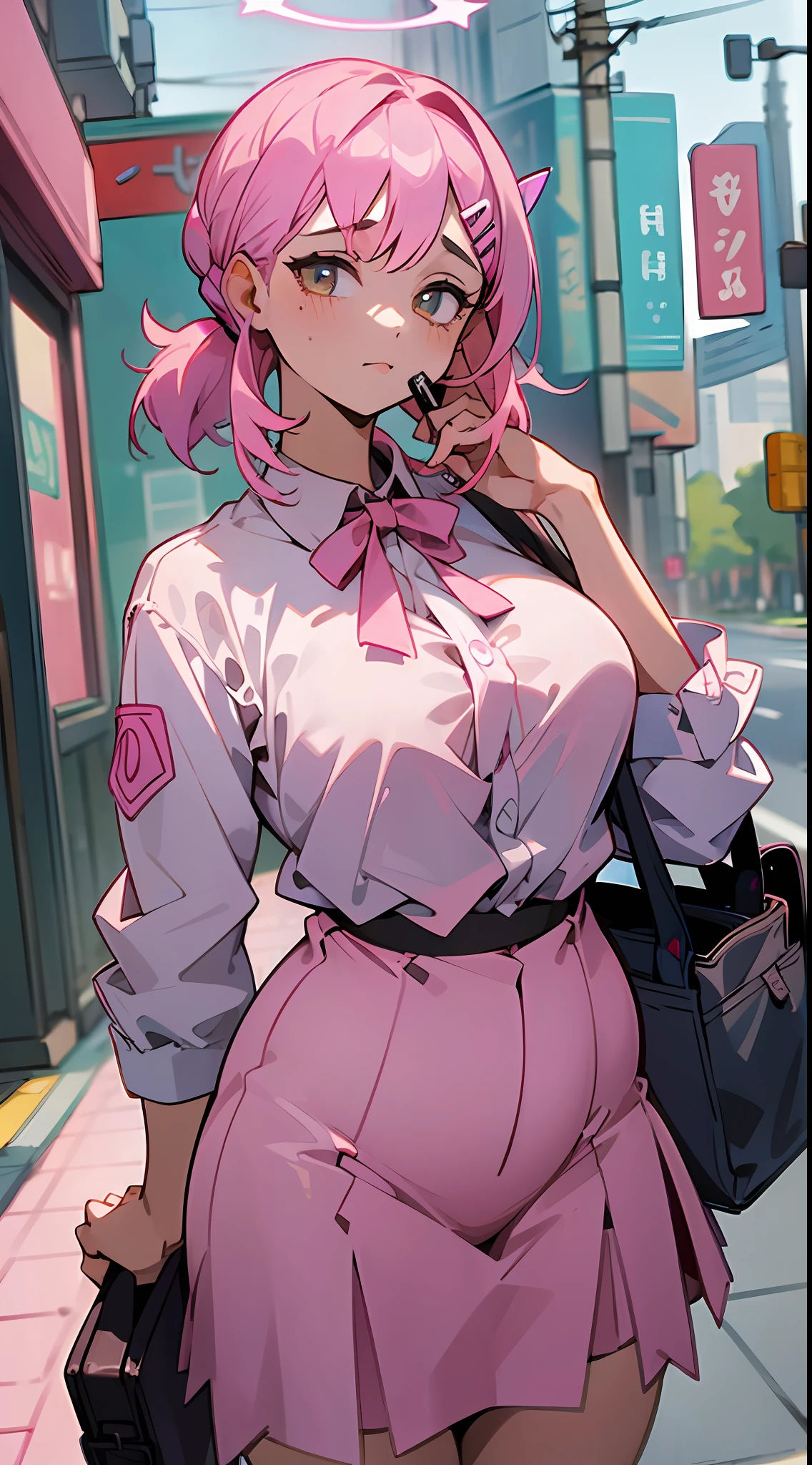 ((Masterpiece, Excellent)), (1girl), ((Trendy Girl)), Light Pink Hair, Halo, Horn, ((Office Lady)), Bangs, Mid-Chest, (Plump), Slim, Colorful Hair Color, Trendy Clothing, Street Culture Bend over