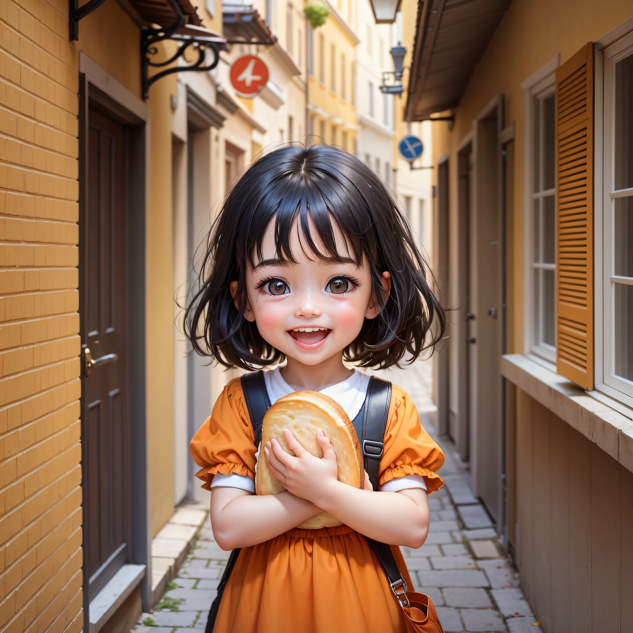 A girl, facing the camera, European and American children, black hair, orange clothes, holding bread in both hands, eating bread, very happy, laughing, sunny, cheerful, pure white background, Pixar painting style --auto --s2