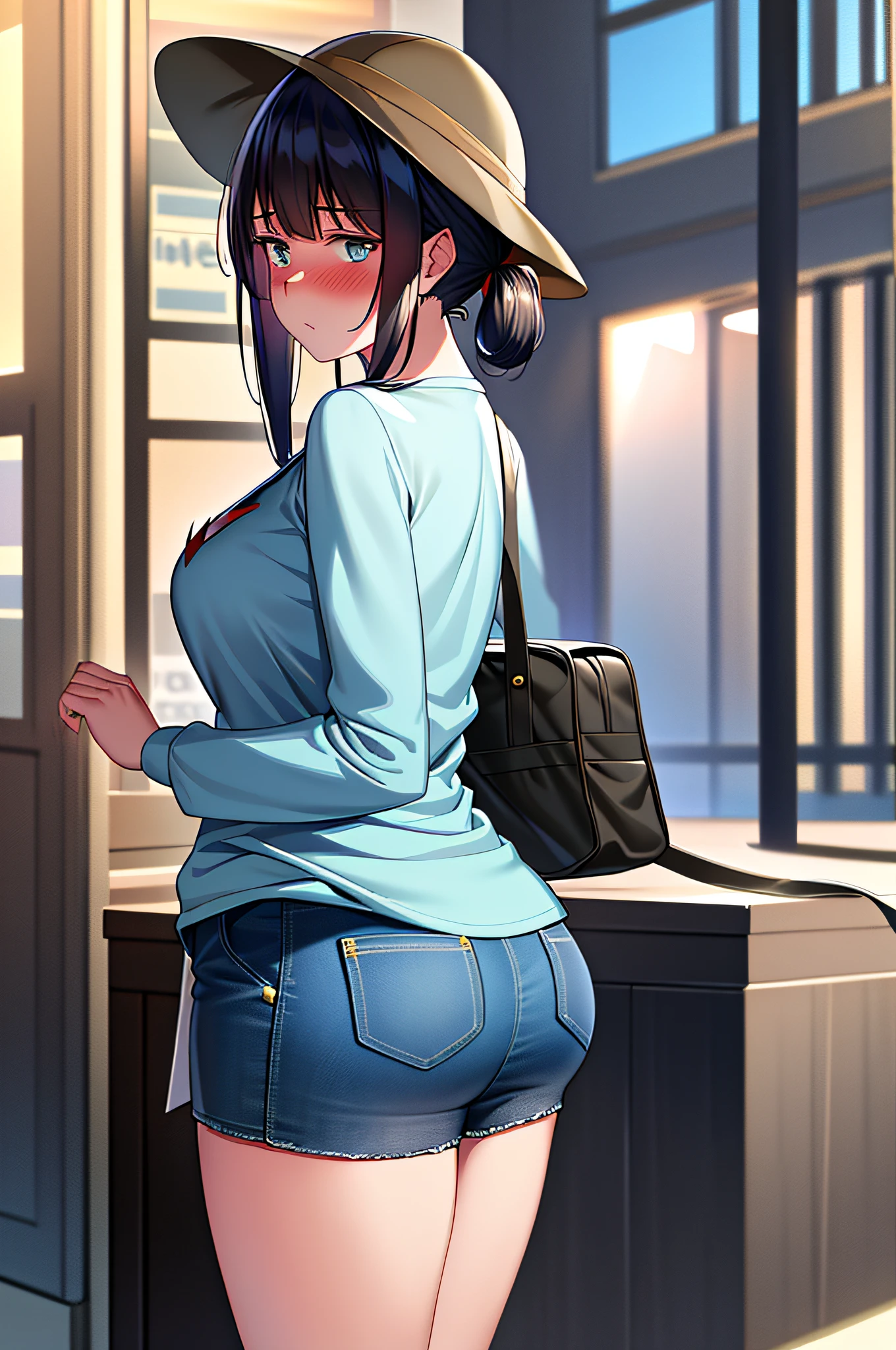 Masterpiece, best quality, very detailed, high resolution, 1 girl, denim shot, \ (Uzaki Moon), tall, wide buttocks, big tits, walking, street, blush, embarrassed, (kindergarten_uniform:1.2),