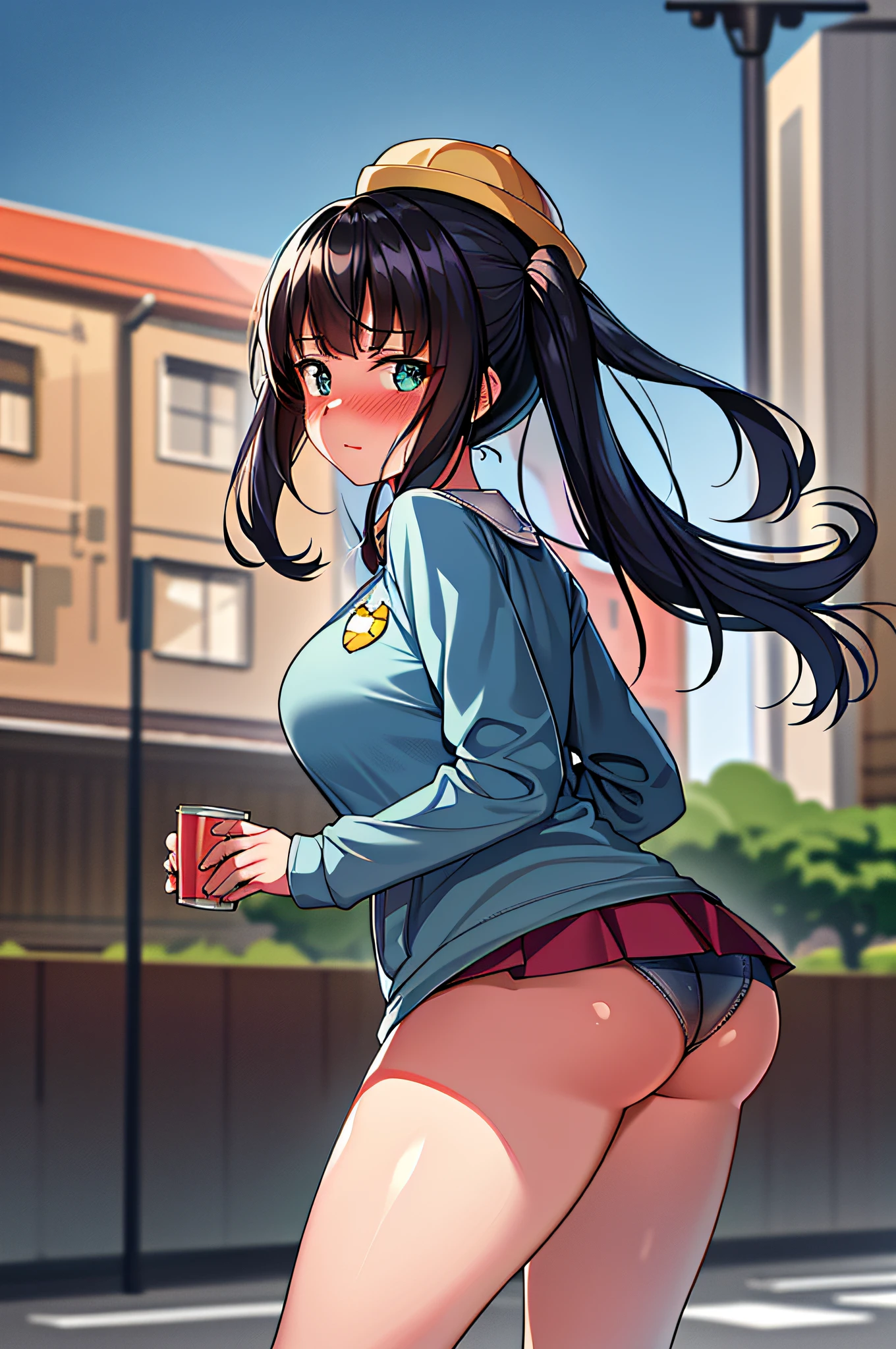 Masterpiece, best quality, very detailed, high resolution, 1 girl, denim shot, \ (Uzaki Moon), tall, wide buttocks, big tits, walking, street, blush, embarrassed, (kindergarten_uniform:1.2),