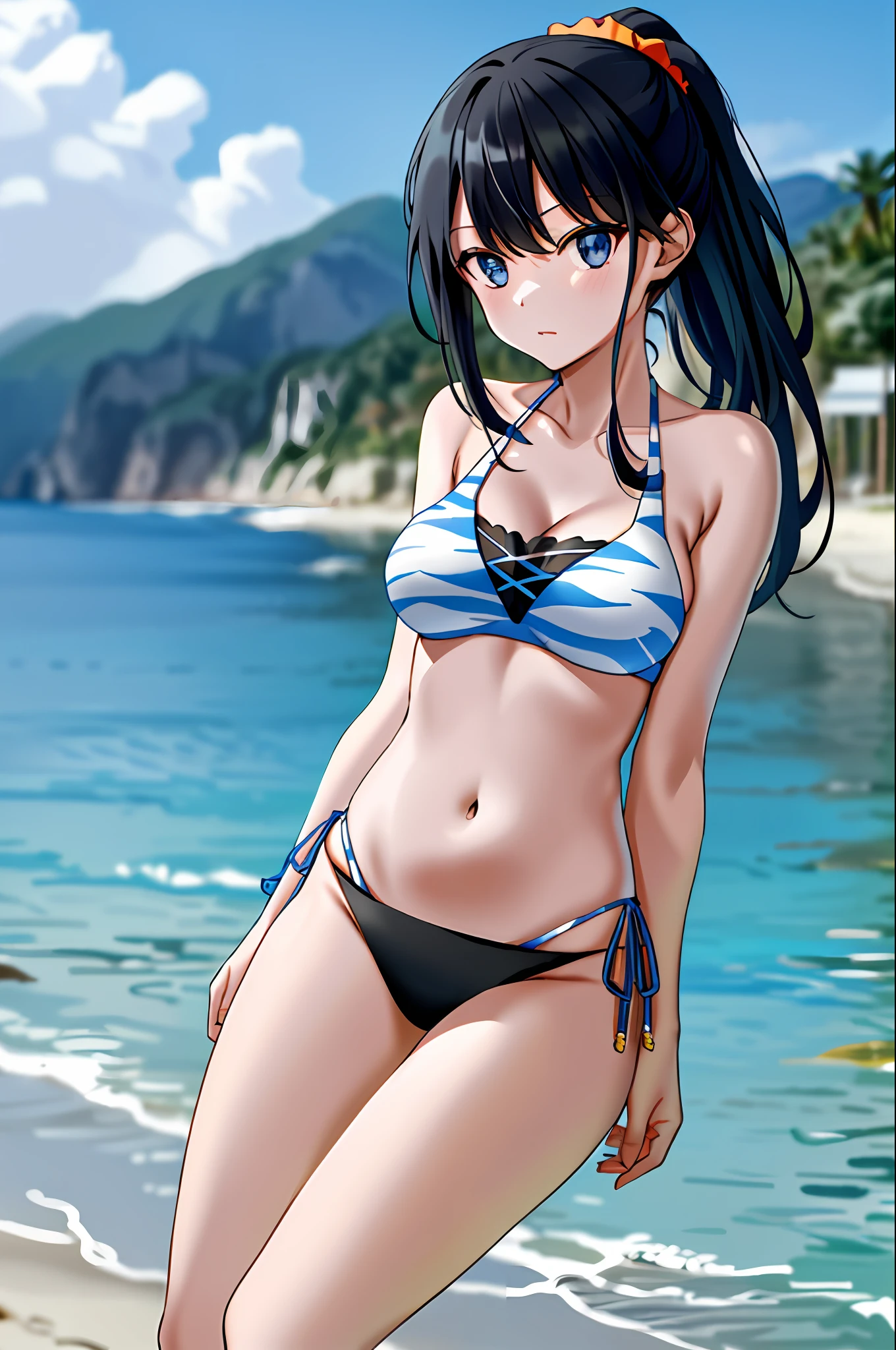 masterpiece, best quality, highres, rikka2, 1girl, takarada rikka, black hair, blue eyes, solo, white bikini, ponytail, side-tie bikini bottom, black bikini, orange scrunchie, navel, breasts, long hair, mismatched bikini, animal print, medium breasts, bangs, cowboy shot, beach