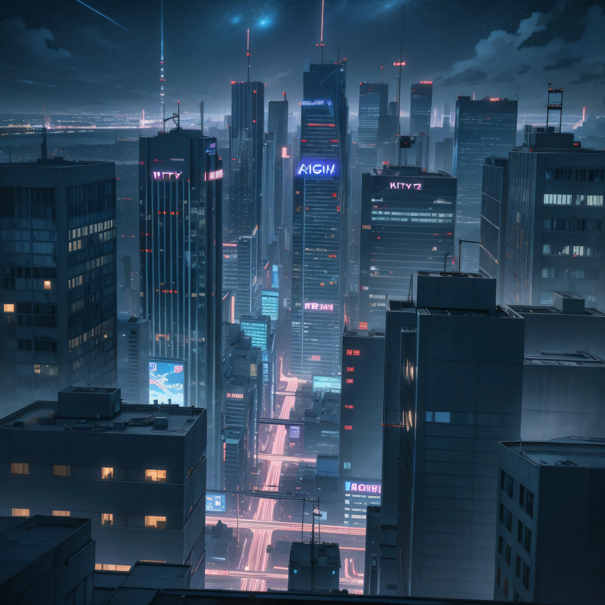 Night view of bustling city at night, (background is night city 1.5) anime style 4 K, anime rendering, anime style. 8K, (cinematic lighting 1.5)