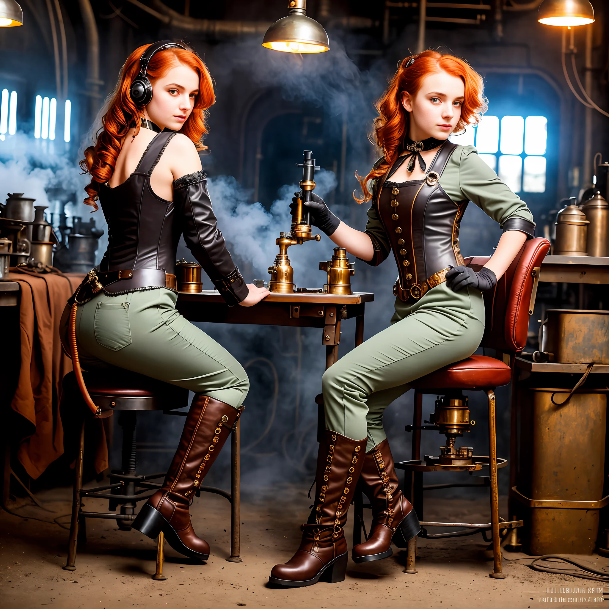 hyper photorealism, perfect anatomy, realistic character, very high contrast lighting, cinematic lighting, dramatic lighting, profile, shot from the back, shot from below, (((a girl on a chair is repairing a machine in the steamy smoky workshop))), (a 19 yo girl, (Ana de Armas:0.70), (redhead:1.1)), very cute and smiley, (perfect eyes:1.1), photorealistic wavy hair, a girl in a steampunk jumpsuit in light gray color, intercom headset, steampunk choker, long leather boots, perfect detailed face, detailed symmetric green eyes with circular iris, fixing a steam engine in the steampunk garage filled with steam and smoke, cogs and gears, steamy background with lots of steam pipes and steam valves and pressure gauges and gears, intricate background, very highly detailed costume, very highly detailed background, steampunk fantasy style, steampunk , steampunk aesthetic, steamy, Canon 5D, f1.8 lens