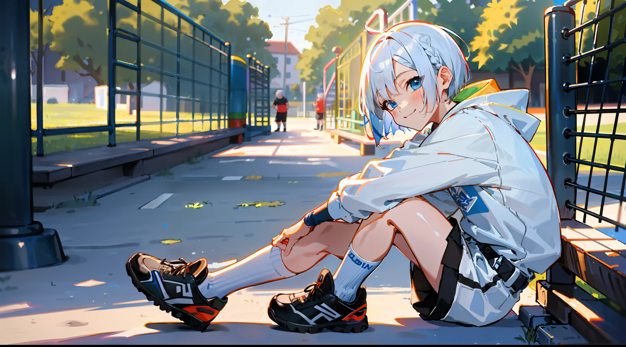 HD picture, lots of details, children's youthful style, strong and vibrant blue eyes, playground background, white Bob hairstyle 1boy sitting on the ground, wearing slim white belt hoodie and black knee socks, smiling, black shoes, depth of field, full body view.