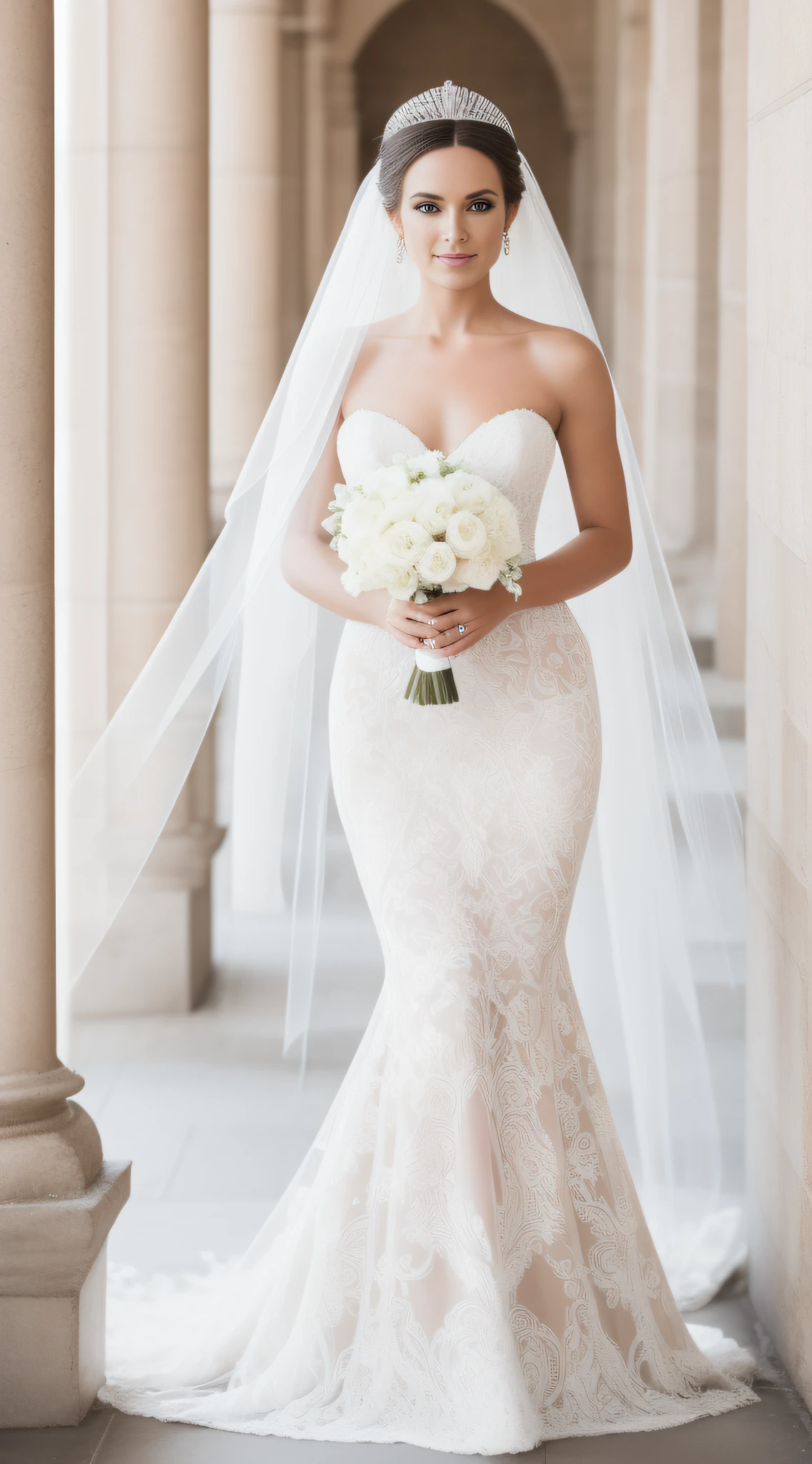 full body, full shot,photorealism, in detail and in detail an extremely beautiful slender sexy bride in a cream wedding dress with intricate lace patterns and a beautiful long veil with intricate patterns stands in partial shade among the columns of a beautiful building. on the face and body, the bride holds the wedding dress with her hands, the pose is beautiful sexy C-shaped stilettos of cream color with intricate patterns, the bride's face is European, perfectly beautiful proportions are neat facial features, the eyes are bright green-blue eyelashes are long and fluffy, the bride's physique is slender and graceful, her legs are graceful and longer than the body in proportion, graceful hands in precious jewelry, on the head of the bride there is a wedding tiara with beautiful diamonds, natural detailed skin, pore skin, skin natural shine, skin color is perfect, cheeks are slightly ruddy, wavy long blond hair to the knees is beautifully flowing in detail and in detail , lighting side daylight soft, hyper detail, sharp focus, photorealism, naturalistic, Jerry Gionis style