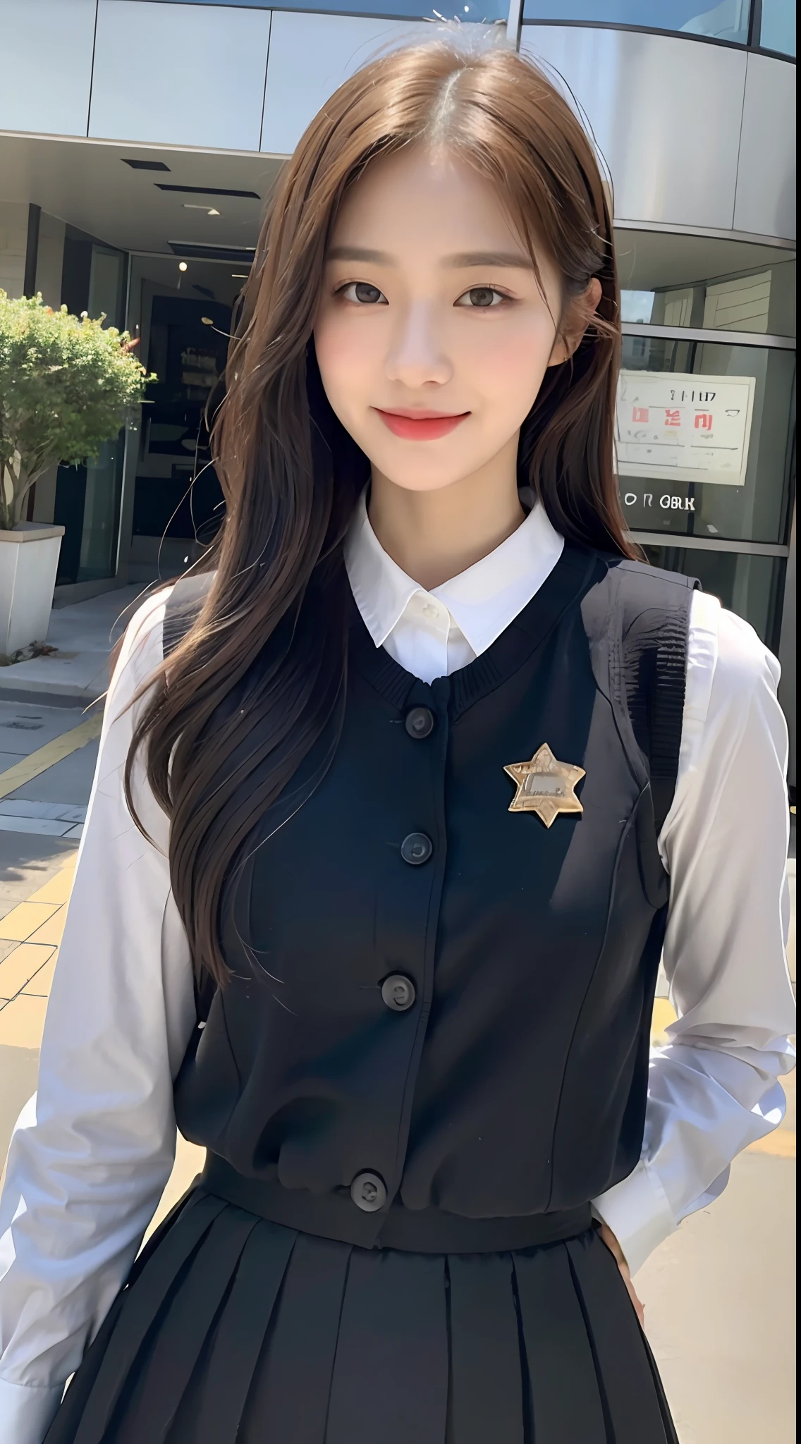 (1 Korean star with royal sister style), ((best quality, 8k, masterpiece: 1.3)), focus: 1.2, perfect body beauty: 1.4 , (smile), (Street: 1.3), highly detailed face and skin texture, delicate eyes, double eyelids, whitening skin, (big wave hairstyle: 1.3), (round face: 1.5), (vest skirt: 1.4),