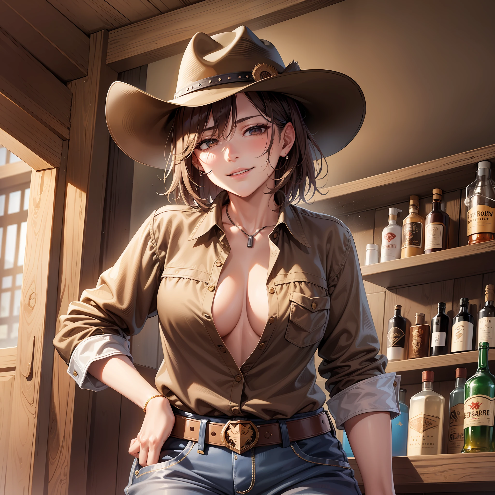 Westerner,One Woman,wild mature woman,Old West Bar,Bourbon Whiskey Drink,Drink from a bottle,Realistic Face,Cowboy Hat,Brown Western Shirts with open chest,Western Fashion,Brown Short Hair,unkempt hair,Bossy,Rude Violent Woman,Rough Smile,ホルスターと拳銃