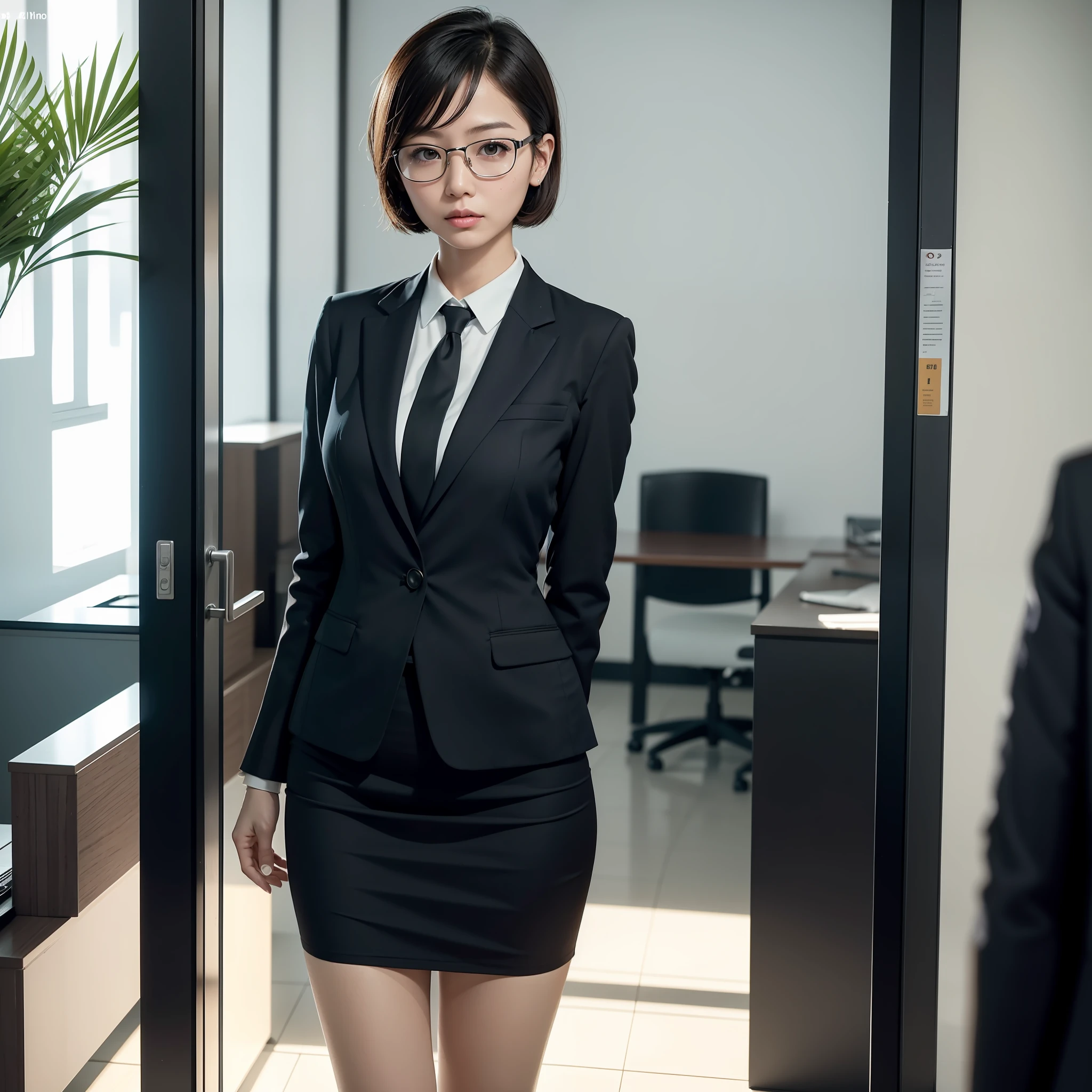 alone, solo, office lady in uniform posing for photo, short hair, office lady, suit, mini skirt, anger, small, glasses, slim girl model photo, physical: tiniest mid-life ever, female model, Japan female fashion model, (8k, RAW photo, best quality, masterpiece: 1.2), (realistic, photorealistic: 1.37), ultra detailed, ultra high resolution, summer, office district, standing, full body, (((SEXY)))