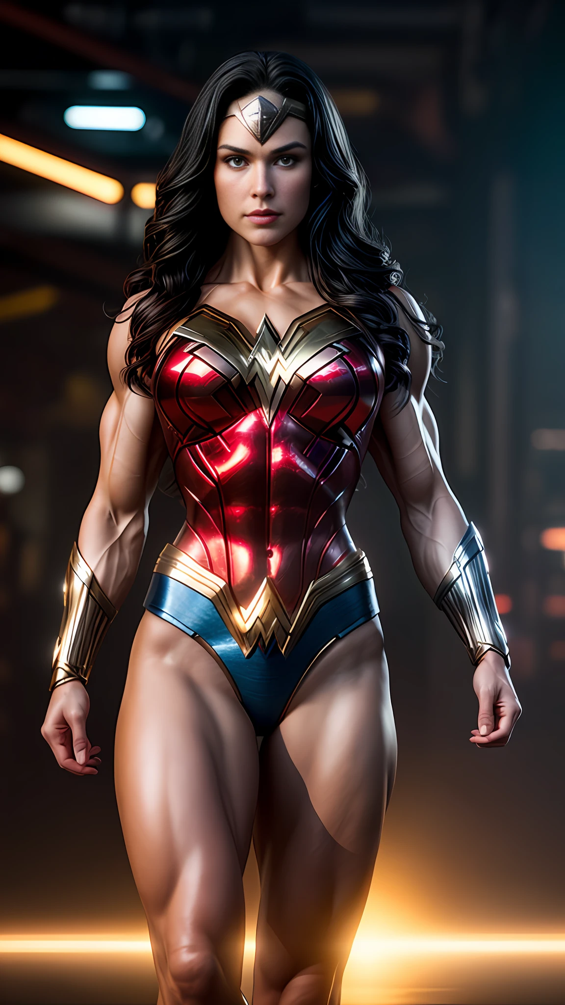 Cinematic soft lighting illuminates a stunningly detailed and ultra-realistic Wonder Woman bodybuilder, muscular, super strong, red and blue armor, that is trending on ArtStation. Octane is the perfect tool to capture the softest details of this 16k photography masterpiece