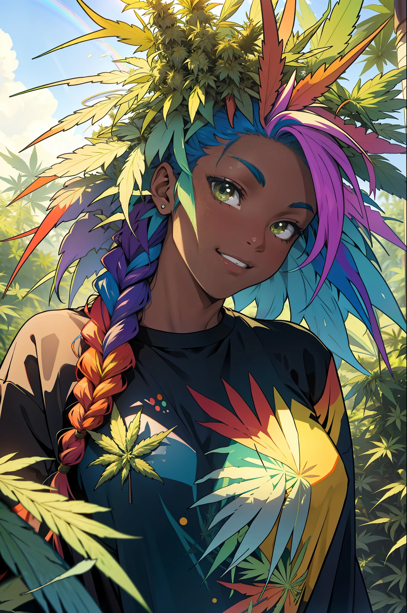 masterpiece, best quality, hemp, ?????????, leaves, weed, ????????, girl with rainbow hair, really wild hair, mane, colored, bright