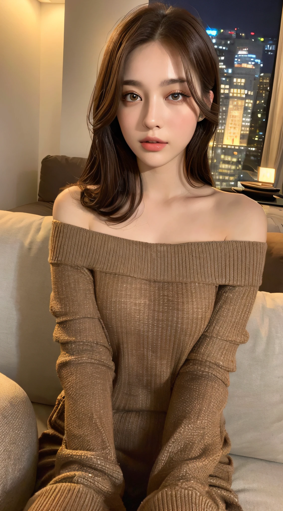 ((Night view, realistic light, best quality, 8k, masterpiece: 1.3)), 1girl, pretty woman with slim figure: 1.4, (brown hair, medium breasts: 1.3), off-the-shoulder cut top: 1.3, sofa, super detailed face, detailed eyes, double eyelids