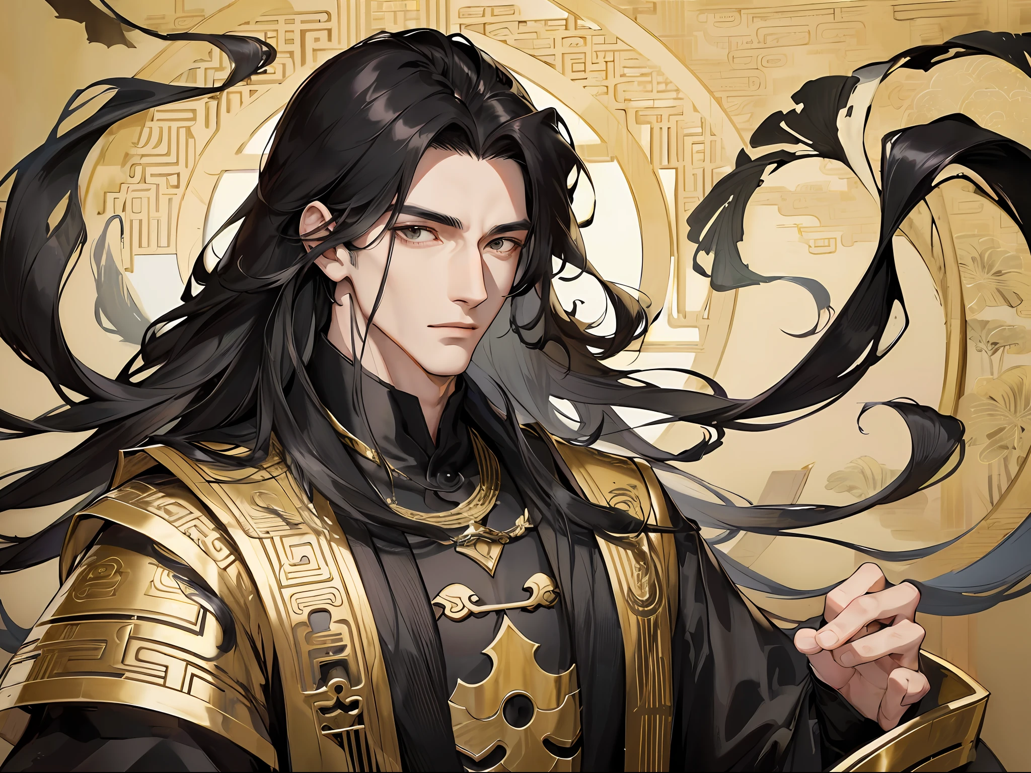 Masterpiece, Excellent, 1 male mature man, Chinese style, ancient Chinese, black hair and black eyes, split ends long hair and long bangs, handsome, masculine and gentle, tall and calm, black and gold mixed dragon pattern prince, exquisite facial features, facial details, courtyard, 1 male, upper body, ancient inn, solo